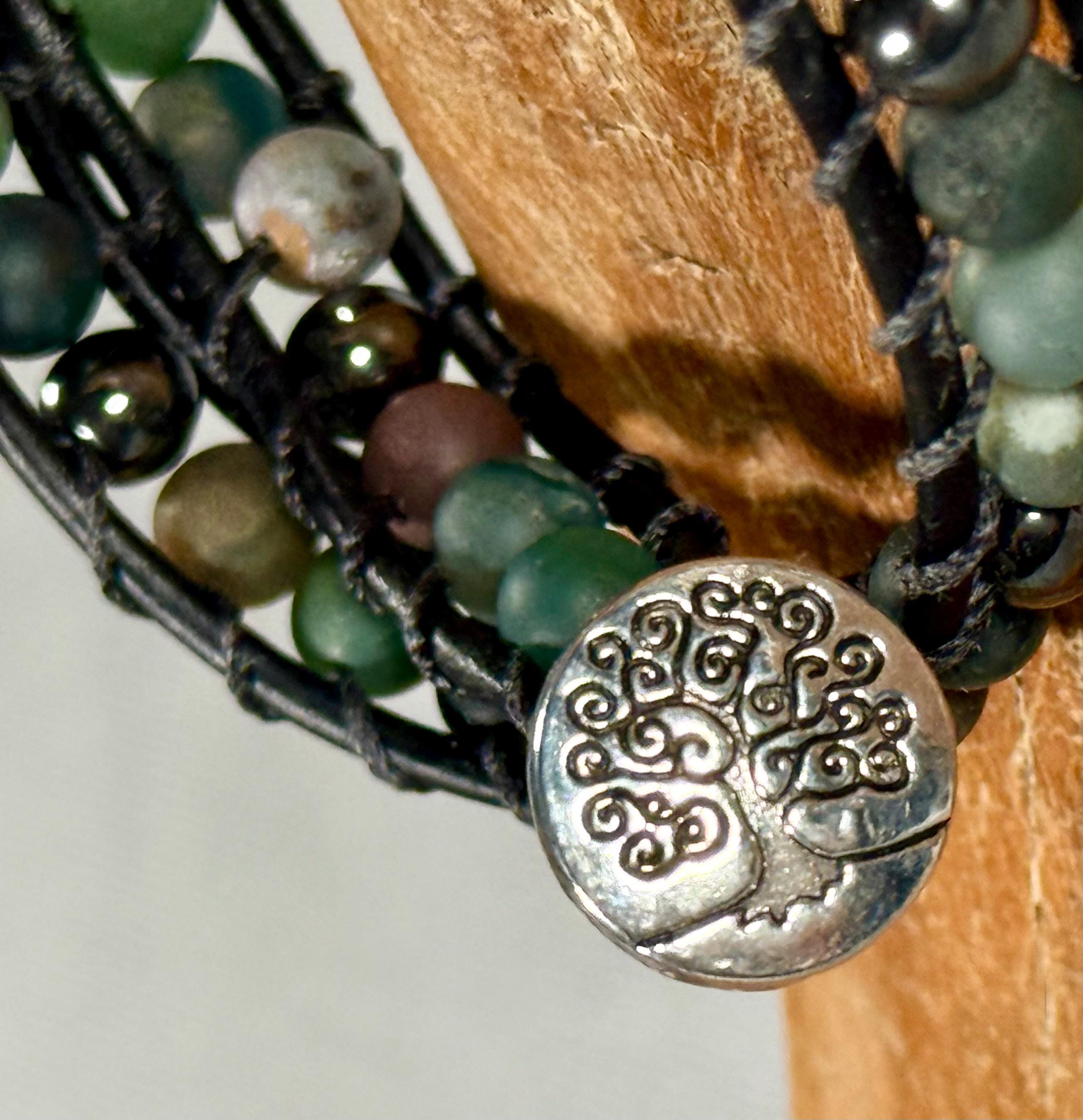 Handmade Double-wrap Beaded Leather Bracelet, Gemstone Beads - Thumbnail 2