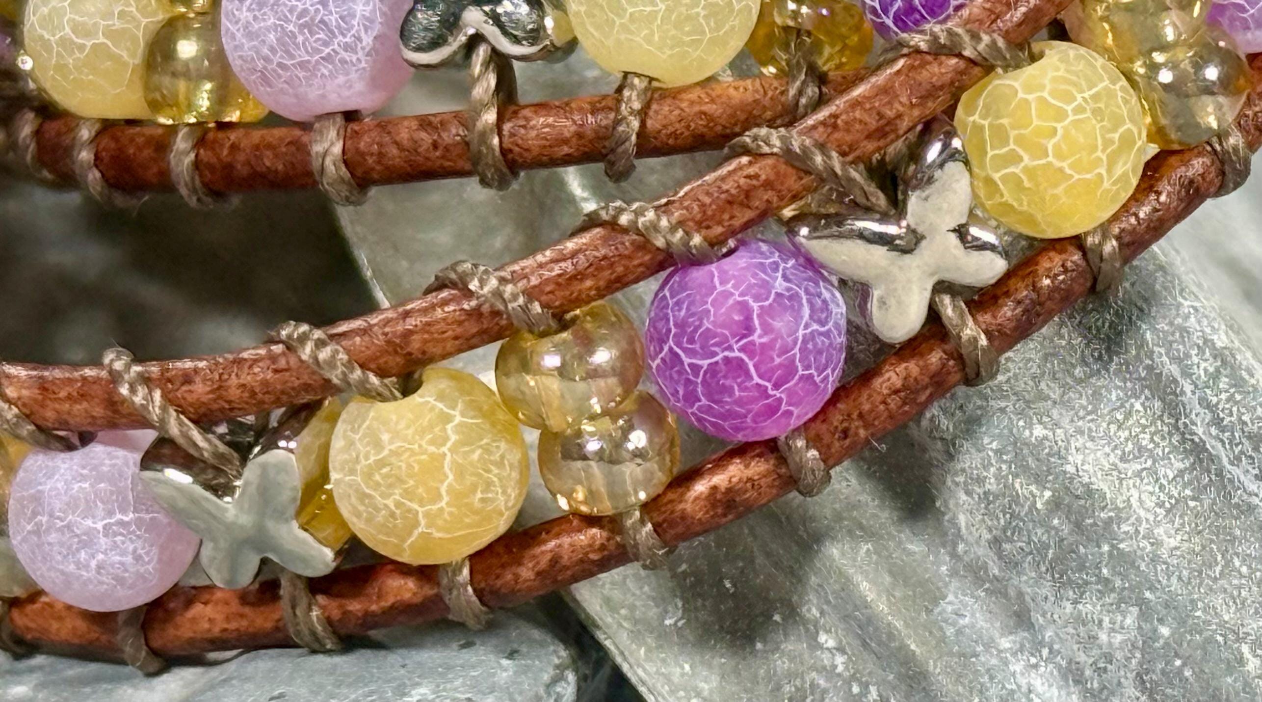Handmade Double-wrap Beaded Leather Bracelet, Gemstone Beads, Butterfly Beads - Thumbnail 3