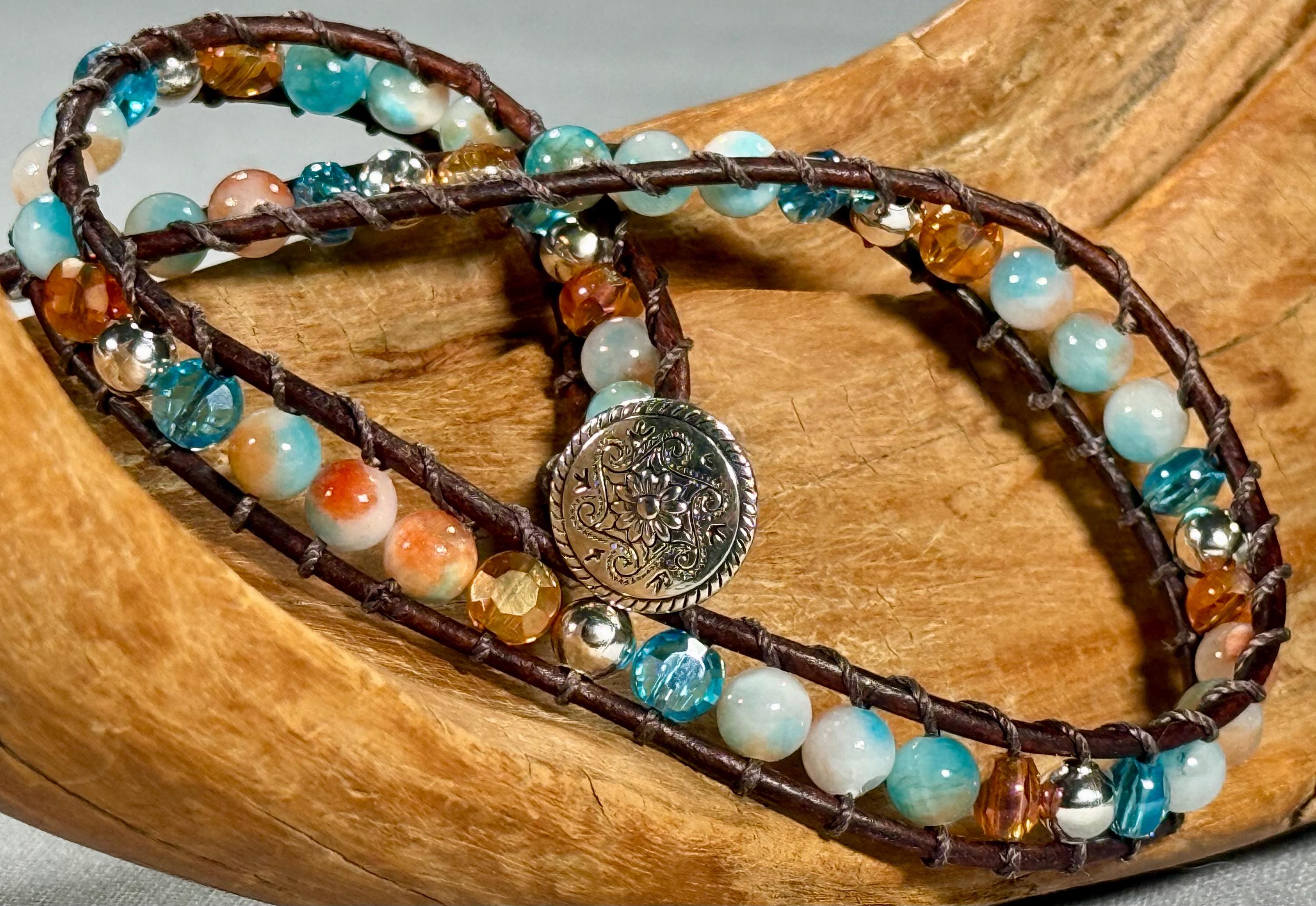 Handmade Double-wrap Beaded Leather Bracelet, Gemstone Beads