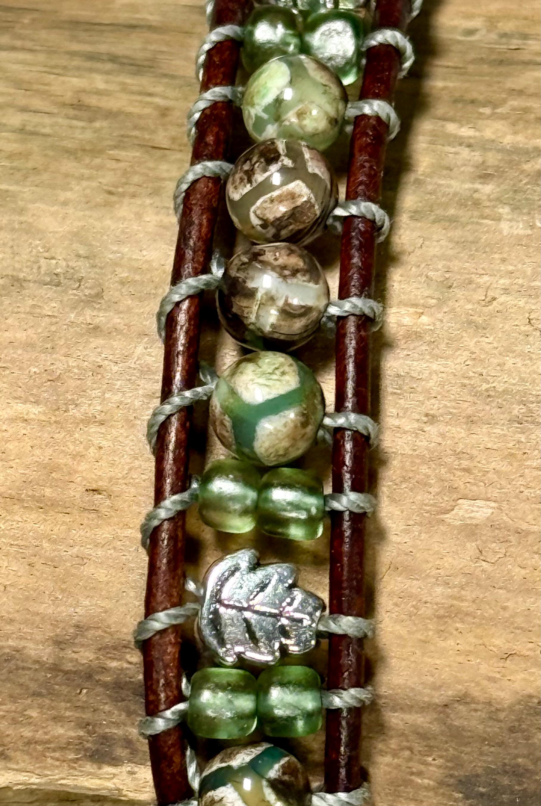 Handmade Double-wrap Beaded Leather Bracelet, Gemstone Beads, Leaf Bracelet - Thumbnail 2
