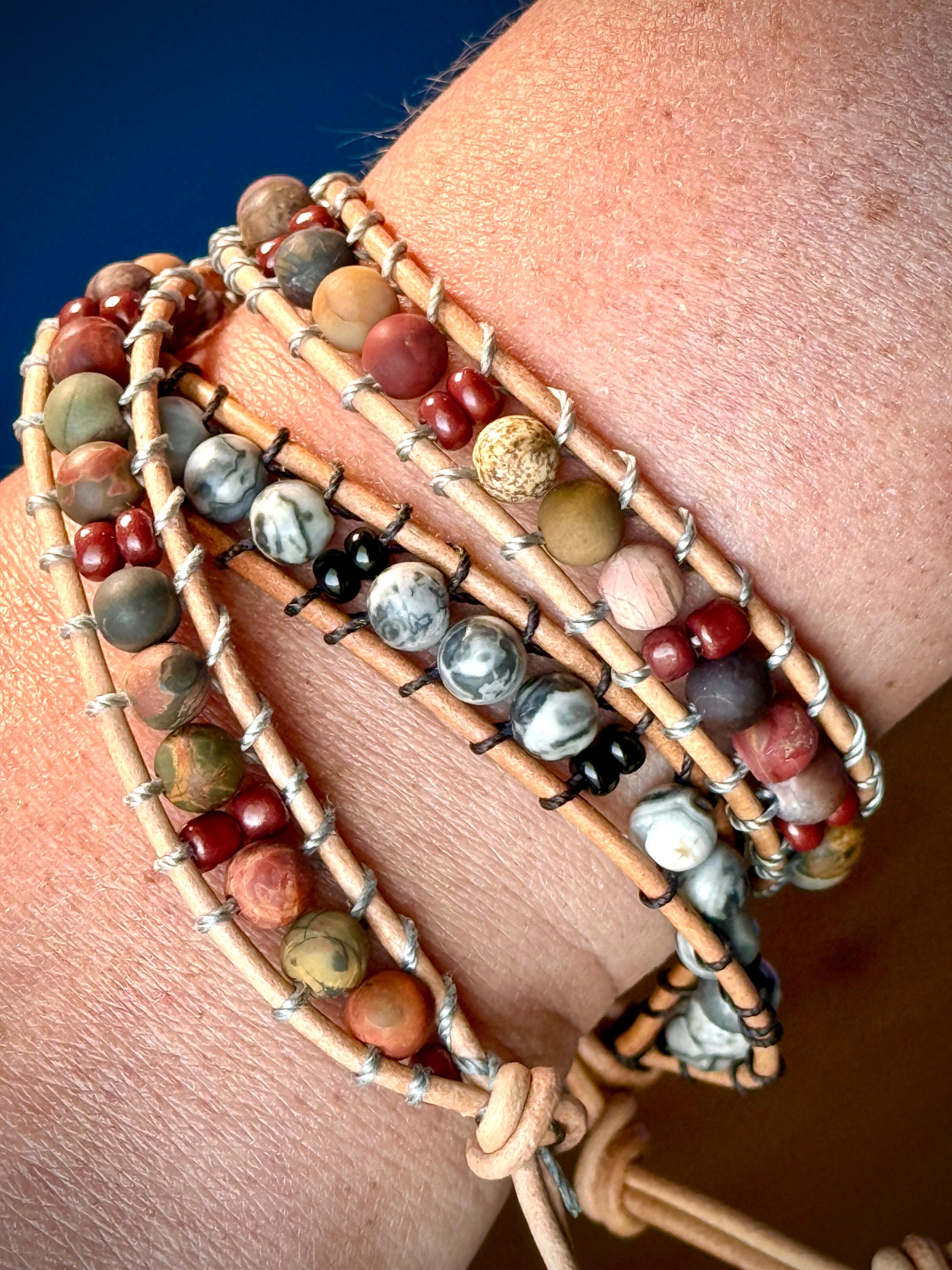 Handmade Double-wrap Beaded Leather Bracelet, Gemstone Beads - Thumbnail 7