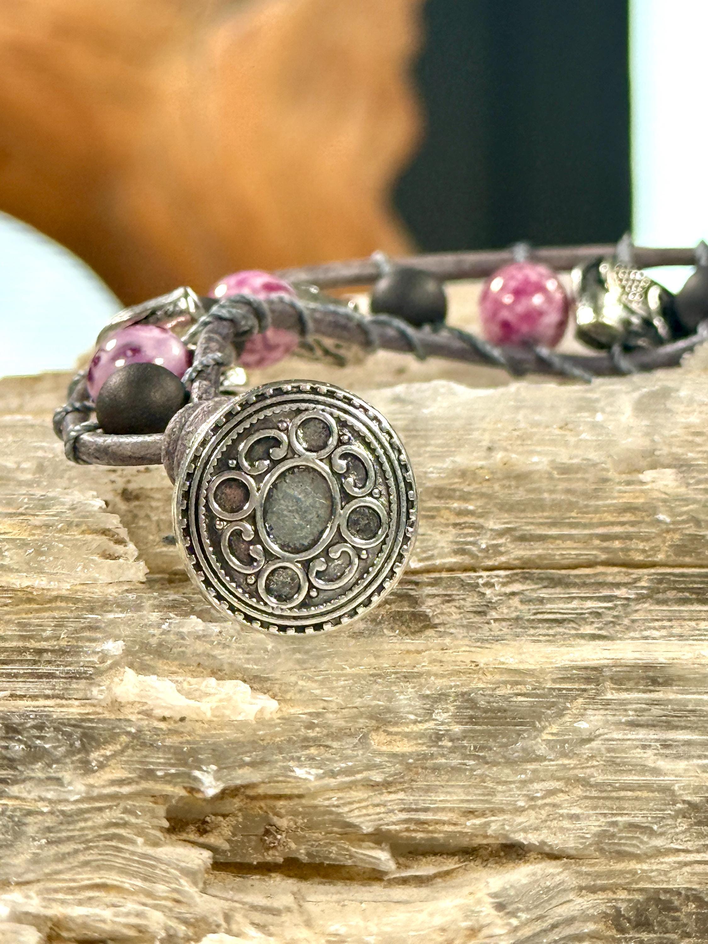 Handmade Beaded Leather Bracelet, Gemstone Beads, Elephant Bracelet - Thumbnail 3