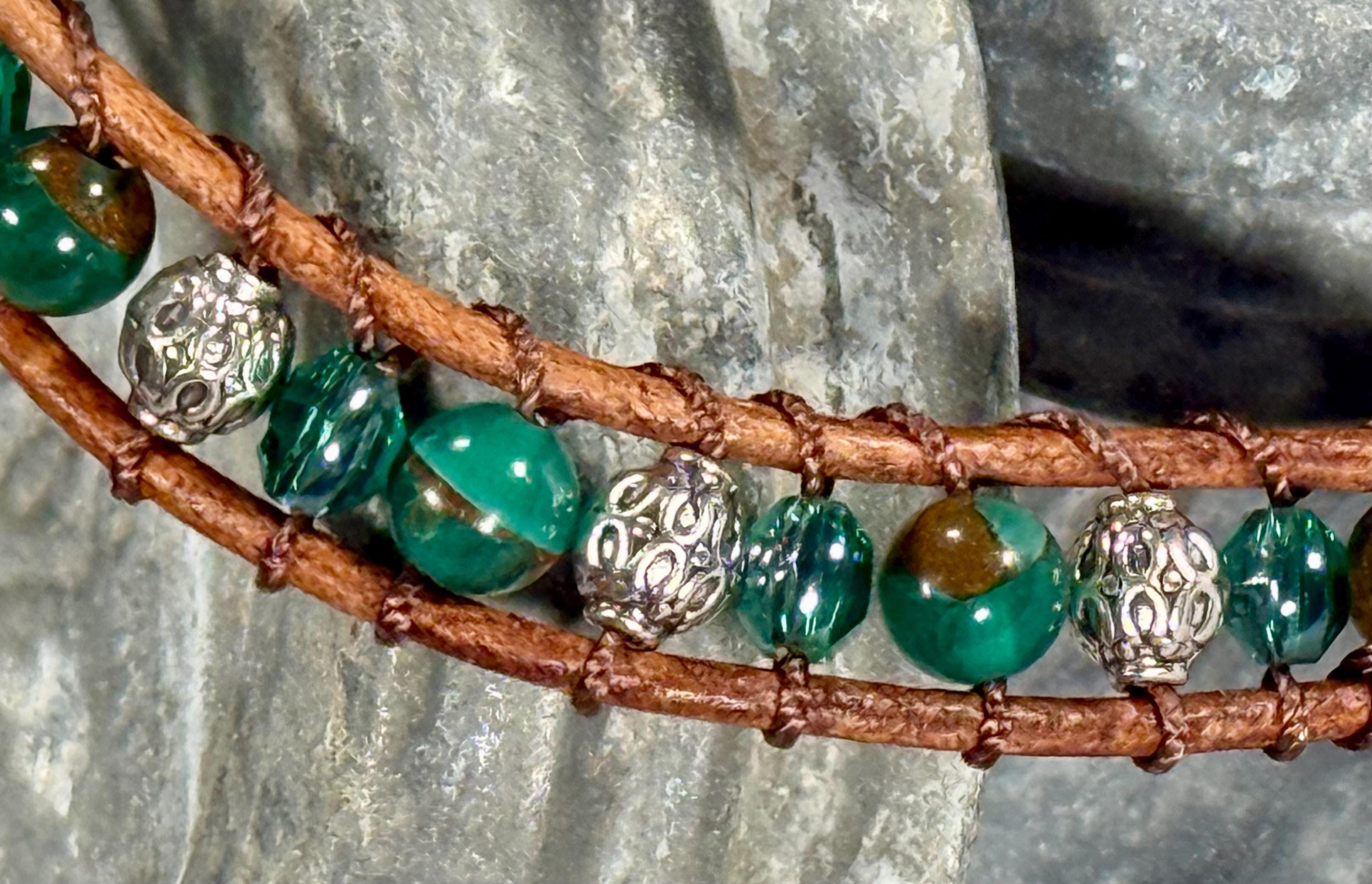 Handmade Double-wrap Beaded Leather Bracelet, Gemstone Beads - Thumbnail 3