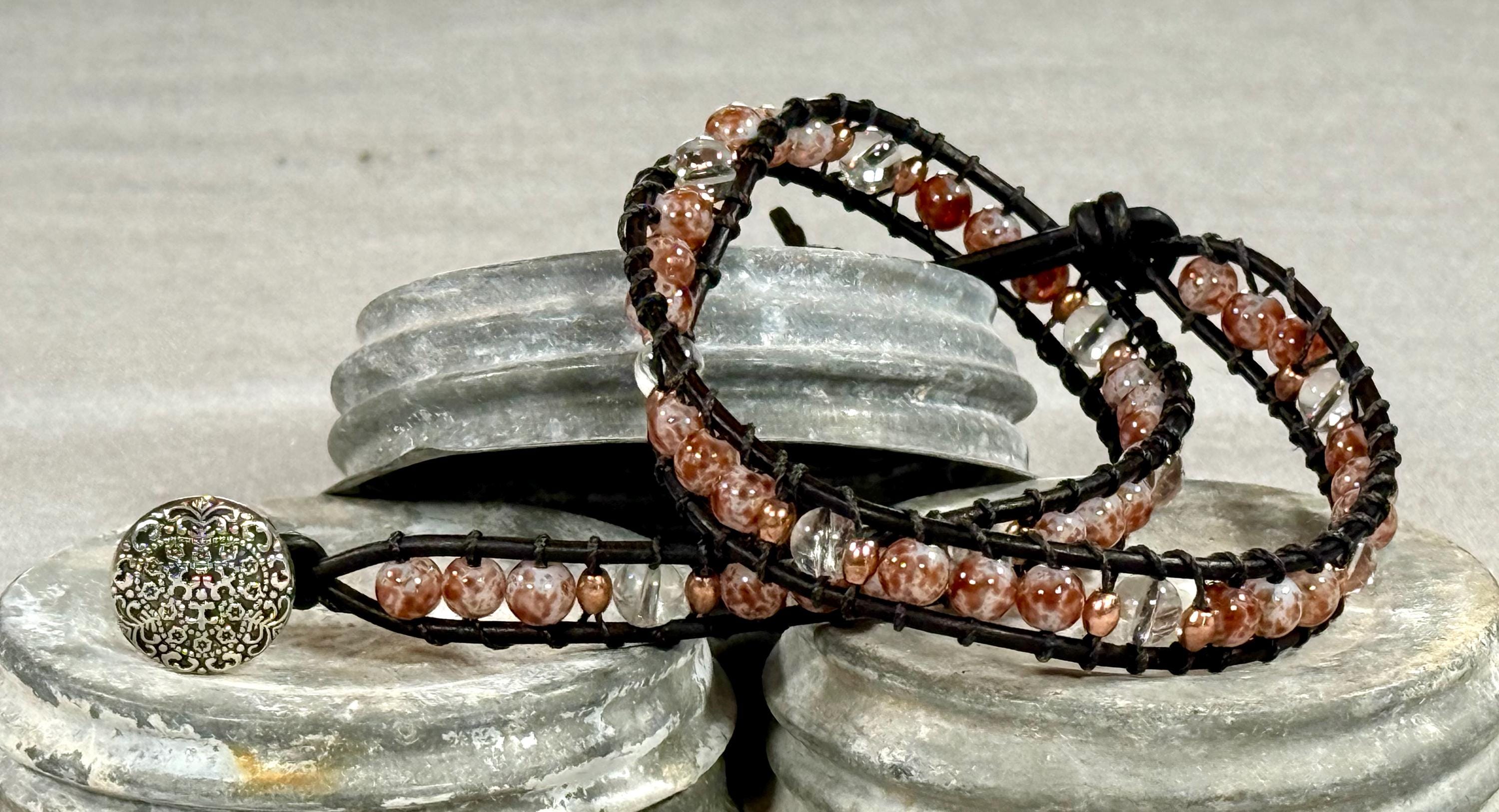 Handmade Double-wrap Beaded Leather Bracelet, Gemstone Beads