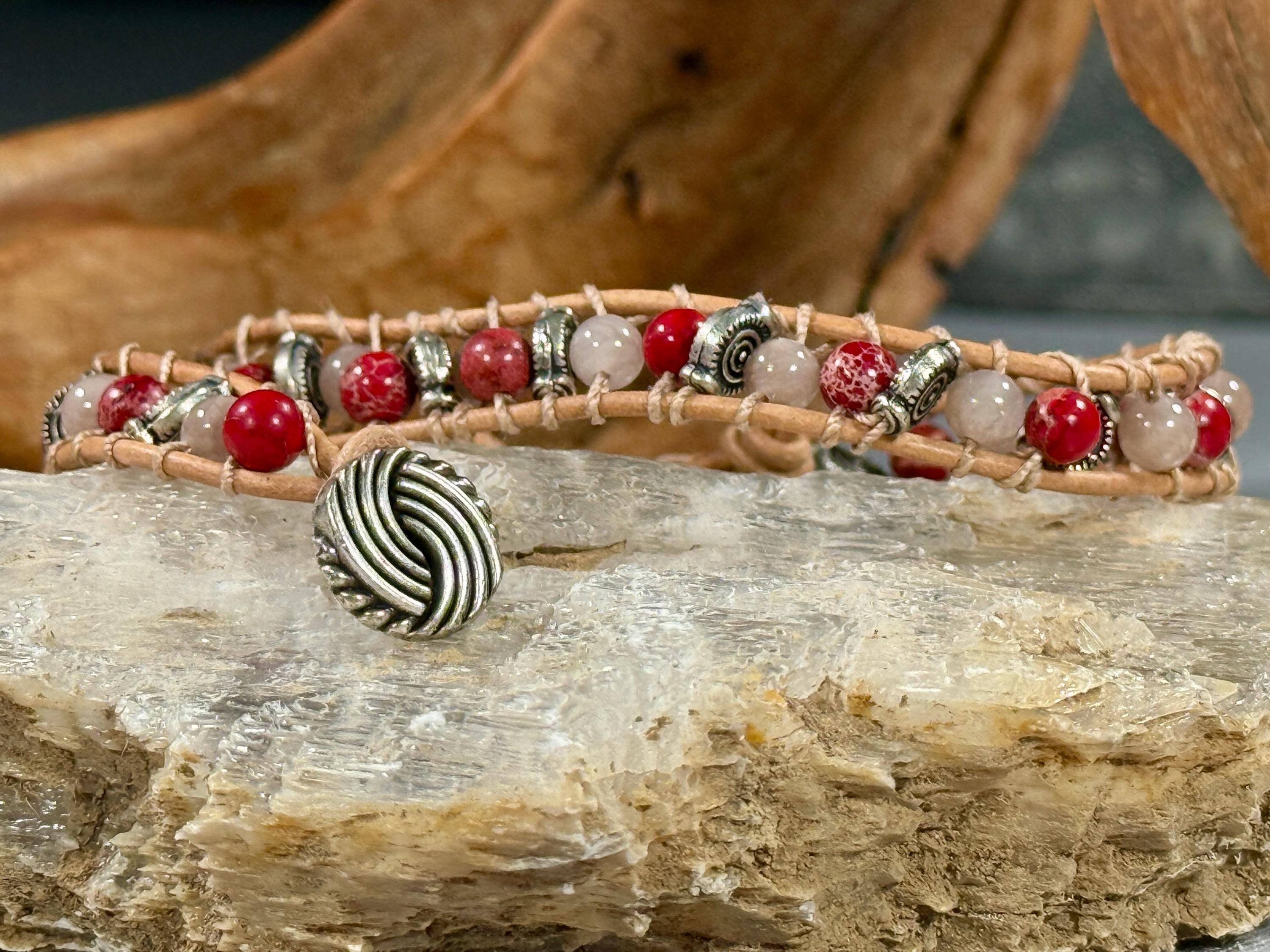 Handmade Double-wrap Beaded Leather Bracelet, Gemstone Beads - Thumbnail 2
