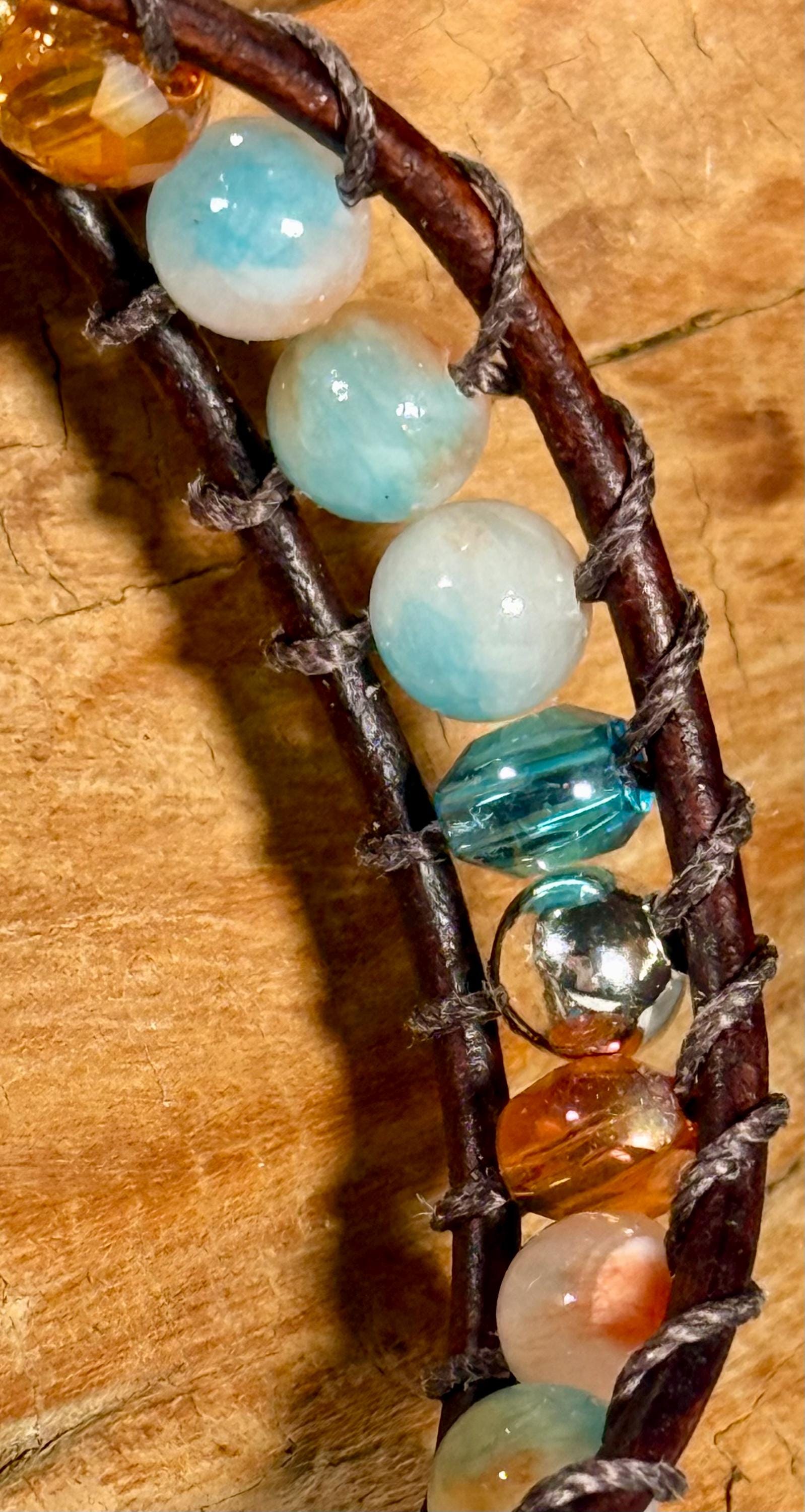 Handmade Double-wrap Beaded Leather Bracelet, Gemstone Beads - Thumbnail 3