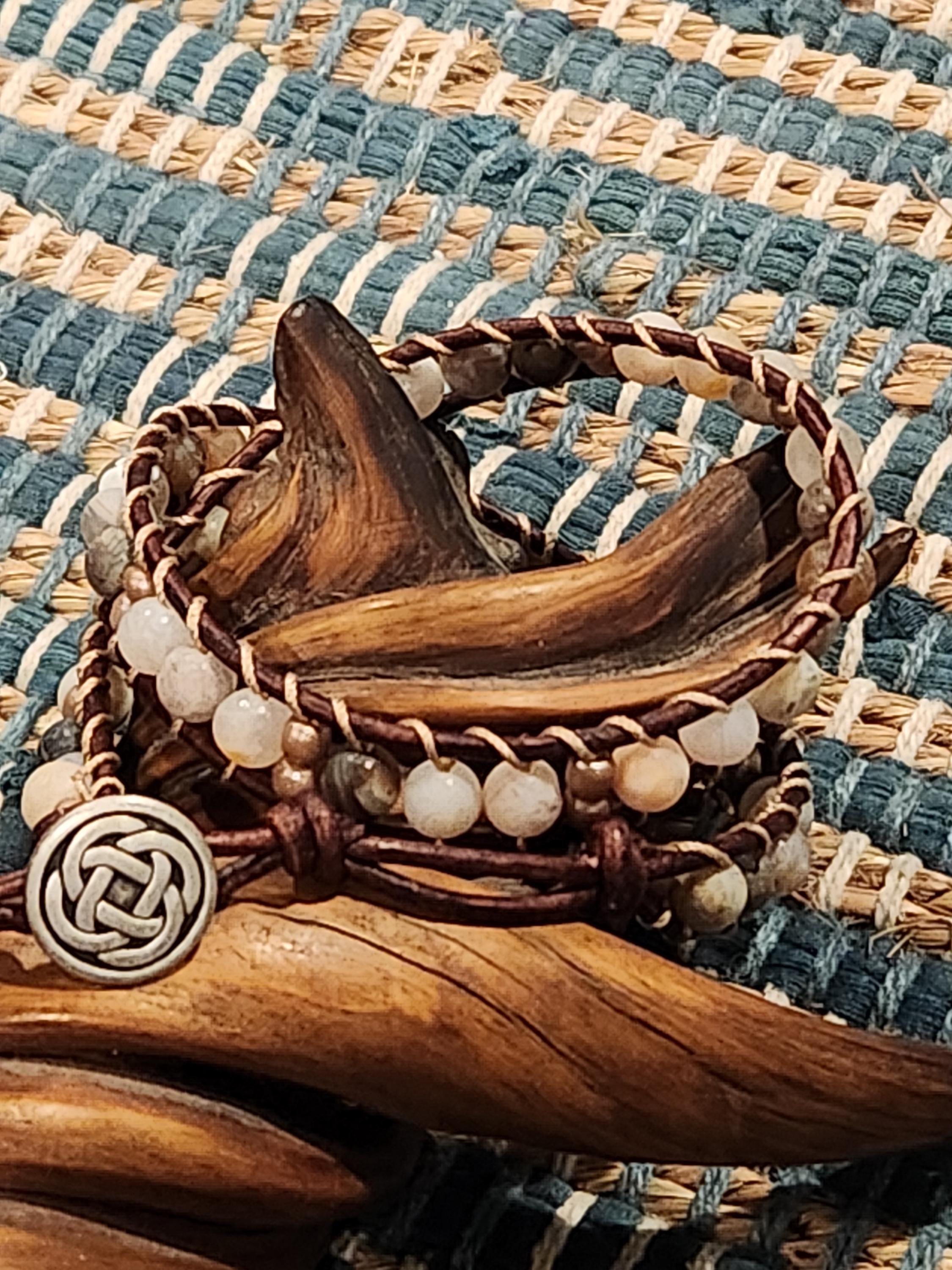 Handmade Double-wrap Beaded Leather Bracelet, Gemstone Beads