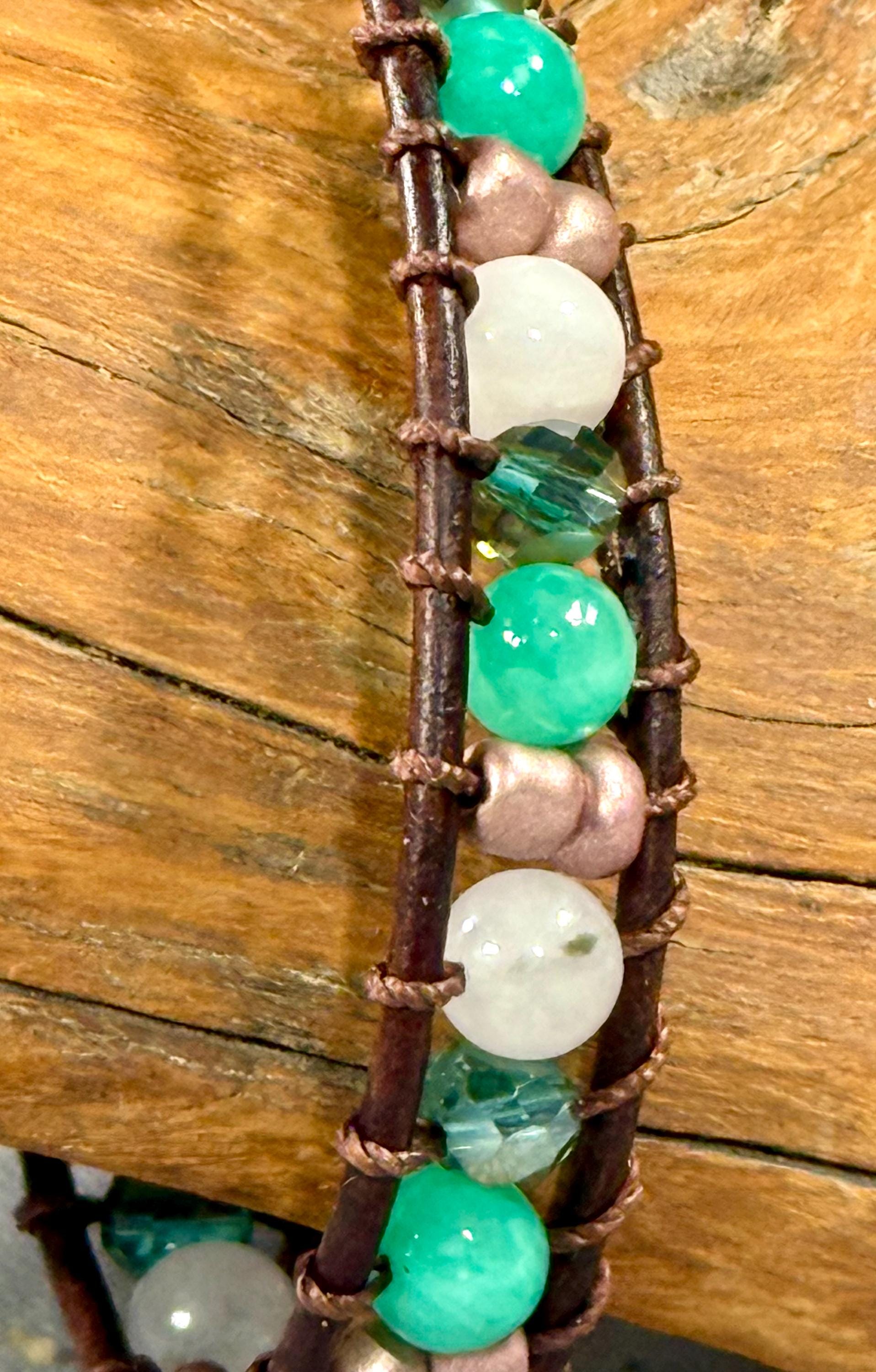 Handmade Double-wrap Beaded Leather Bracelet, Gemstone Beads - Thumbnail 2