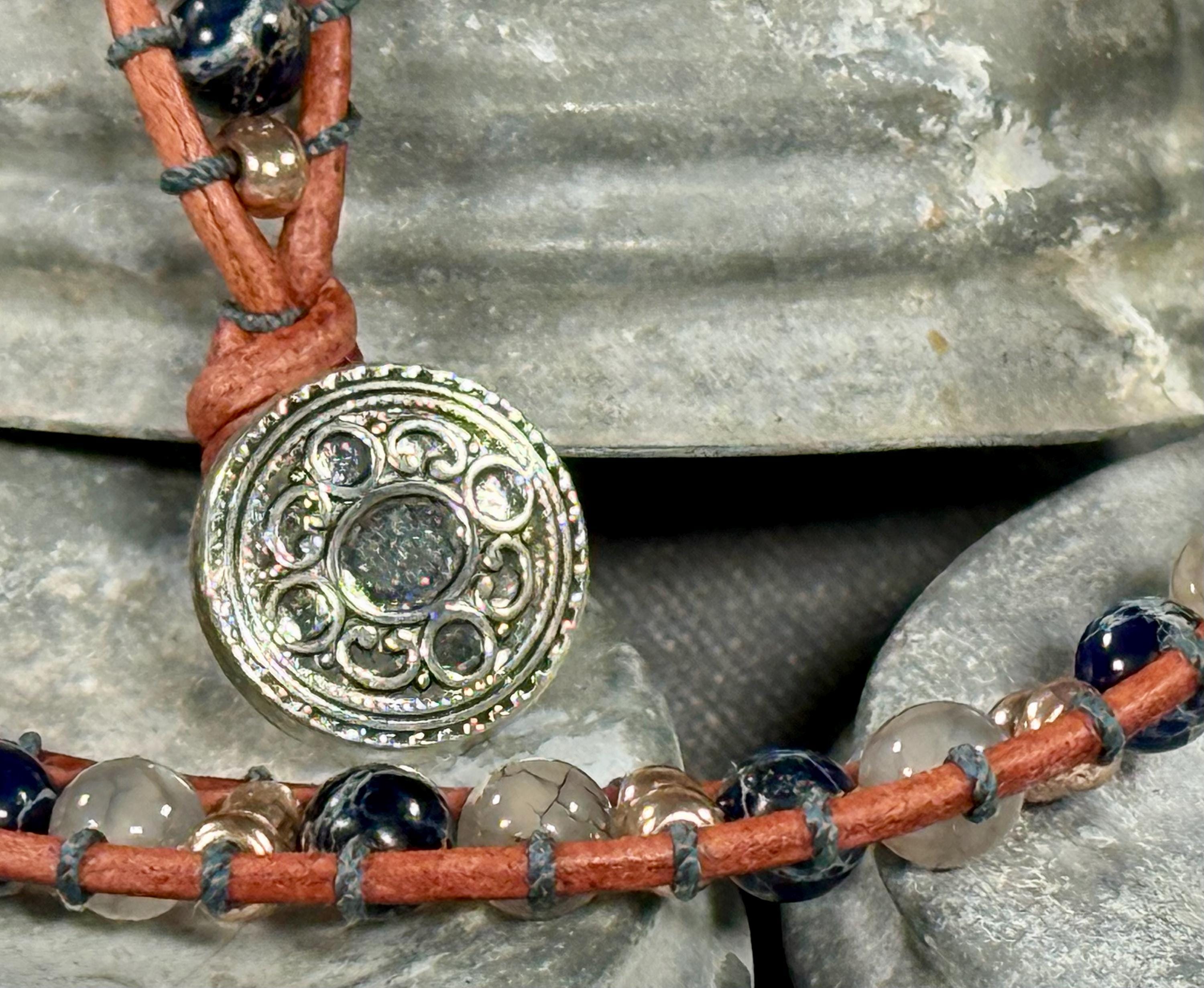 Handmade Double-wrap Beaded Leather Bracelet, Gemstone Beads - Thumbnail 3
