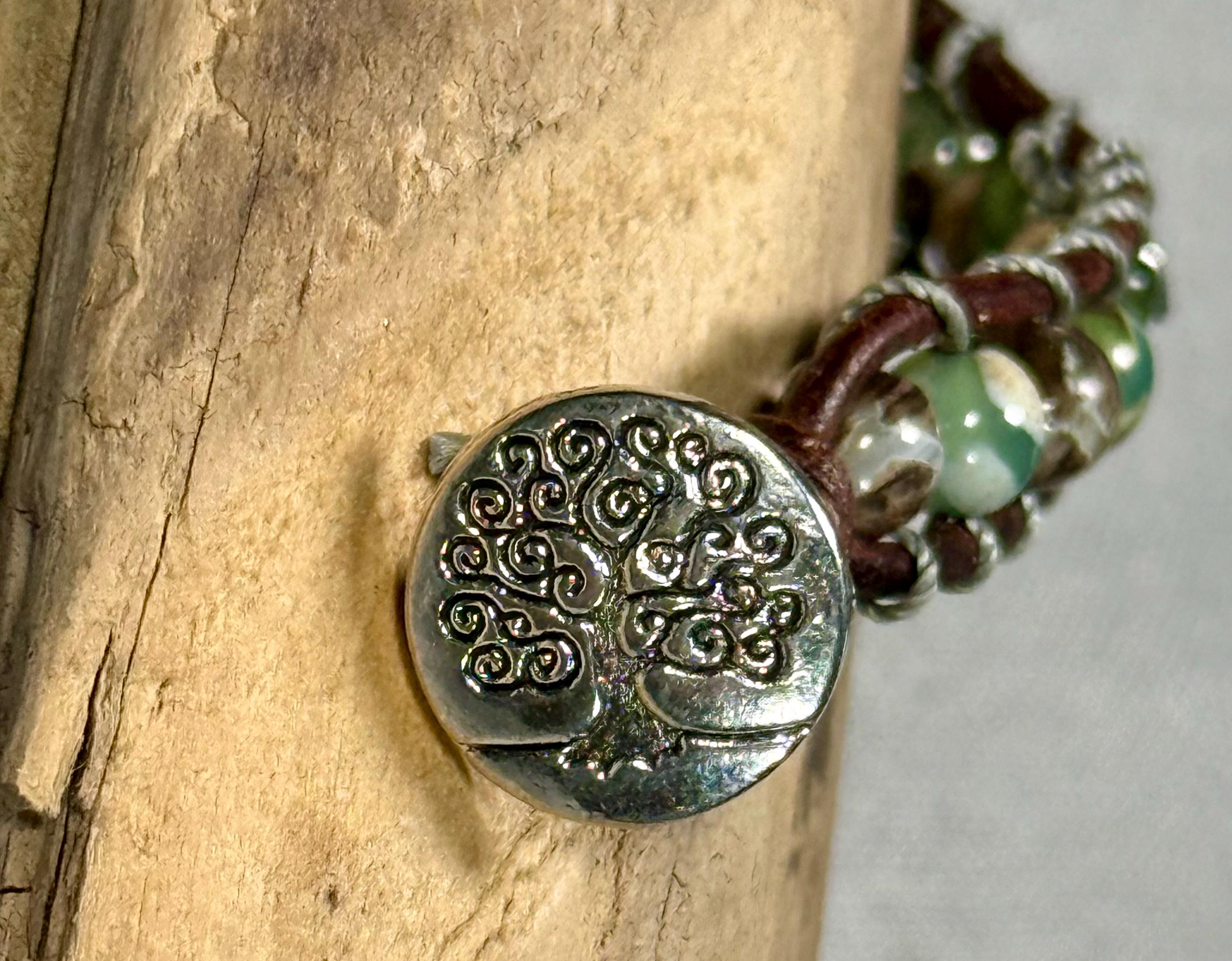 Handmade Double-wrap Beaded Leather Bracelet, Gemstone Beads, Leaf Bracelet - Thumbnail 3