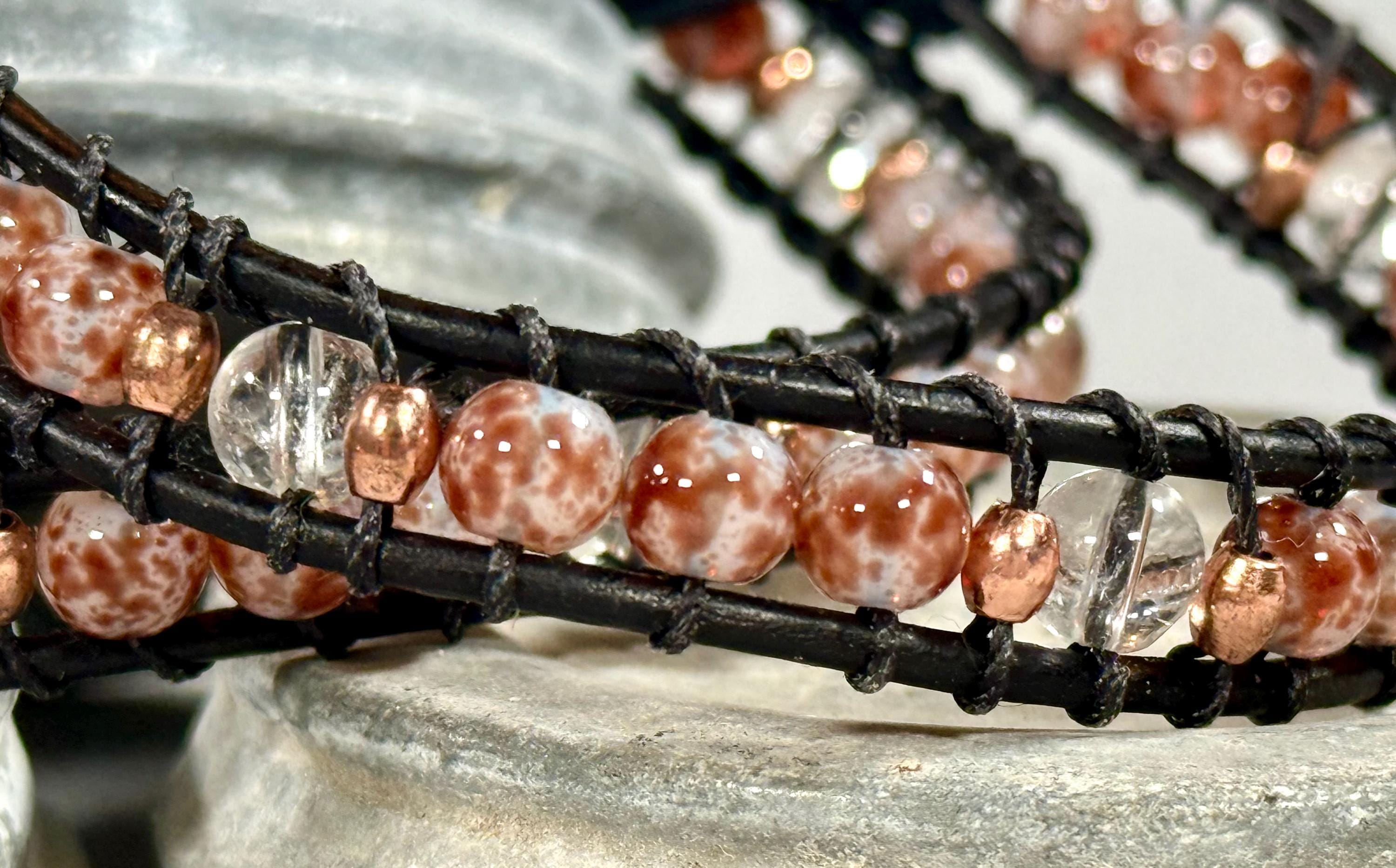 Handmade Double-wrap Beaded Leather Bracelet, Gemstone Beads - Thumbnail 2
