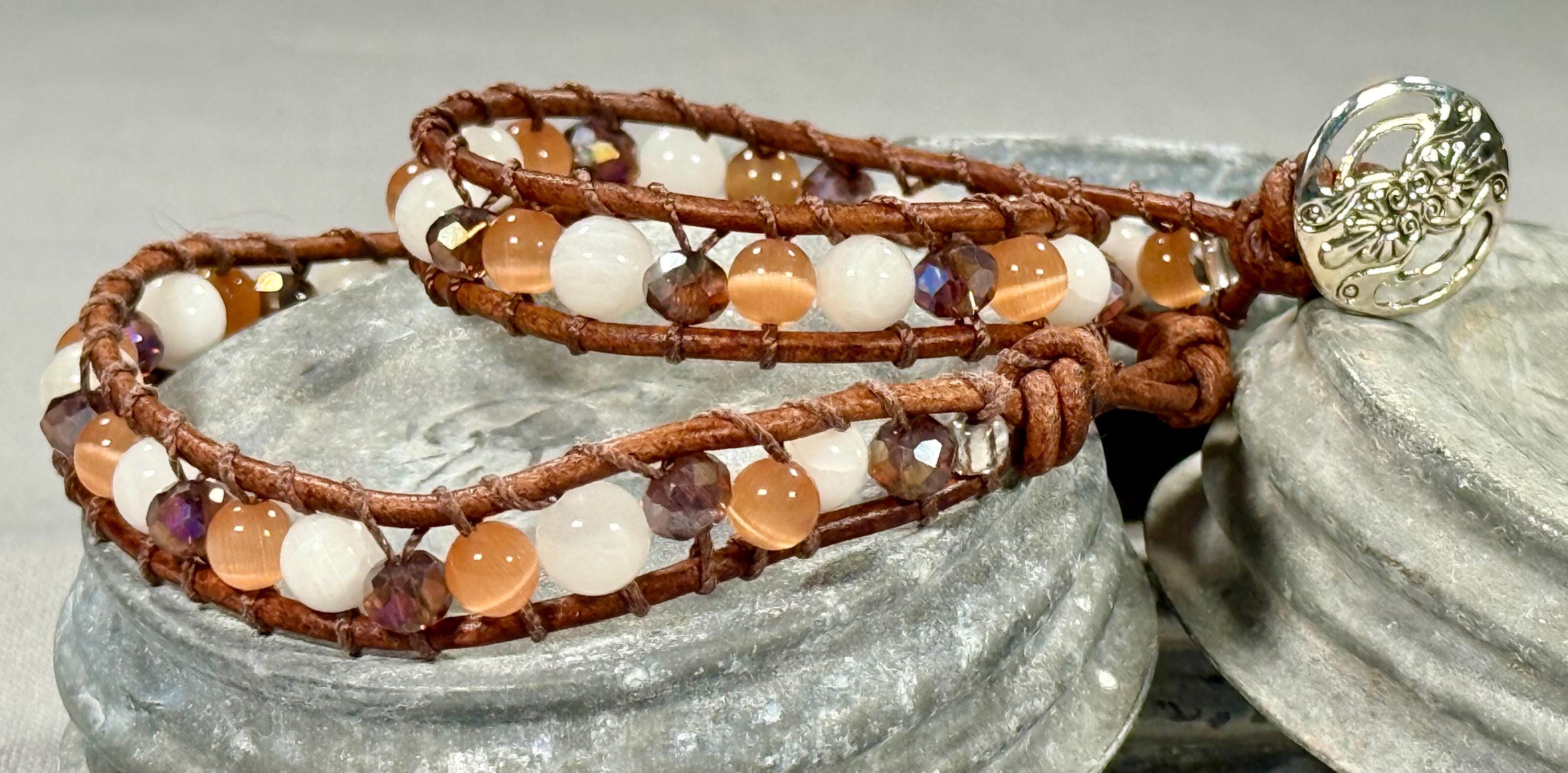 Handmade Double-wrap Beaded Leather Bracelet, Gemstone Beads