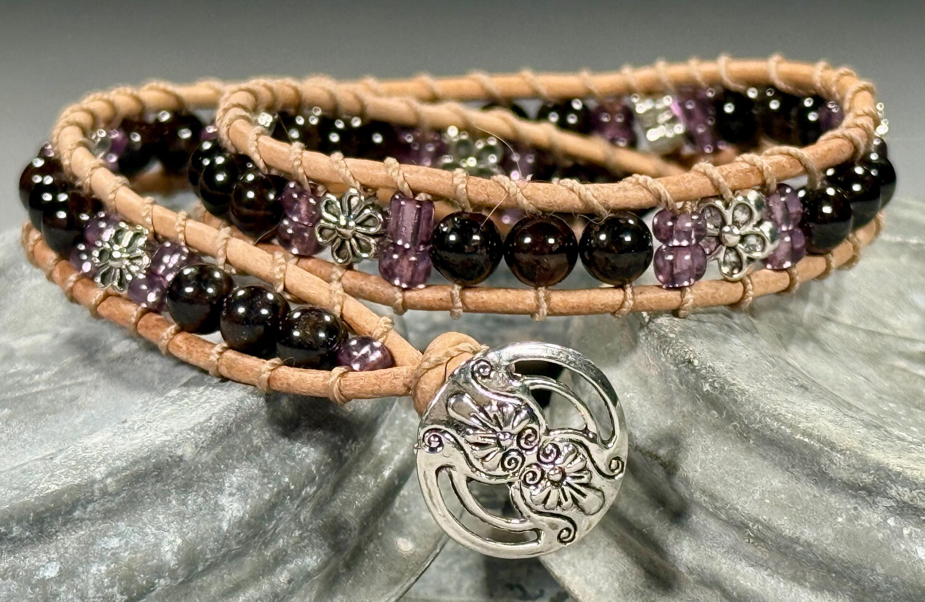 Handmade Double-wrap Beaded Leather Bracelet, Gemstone Beads, Flower Beads