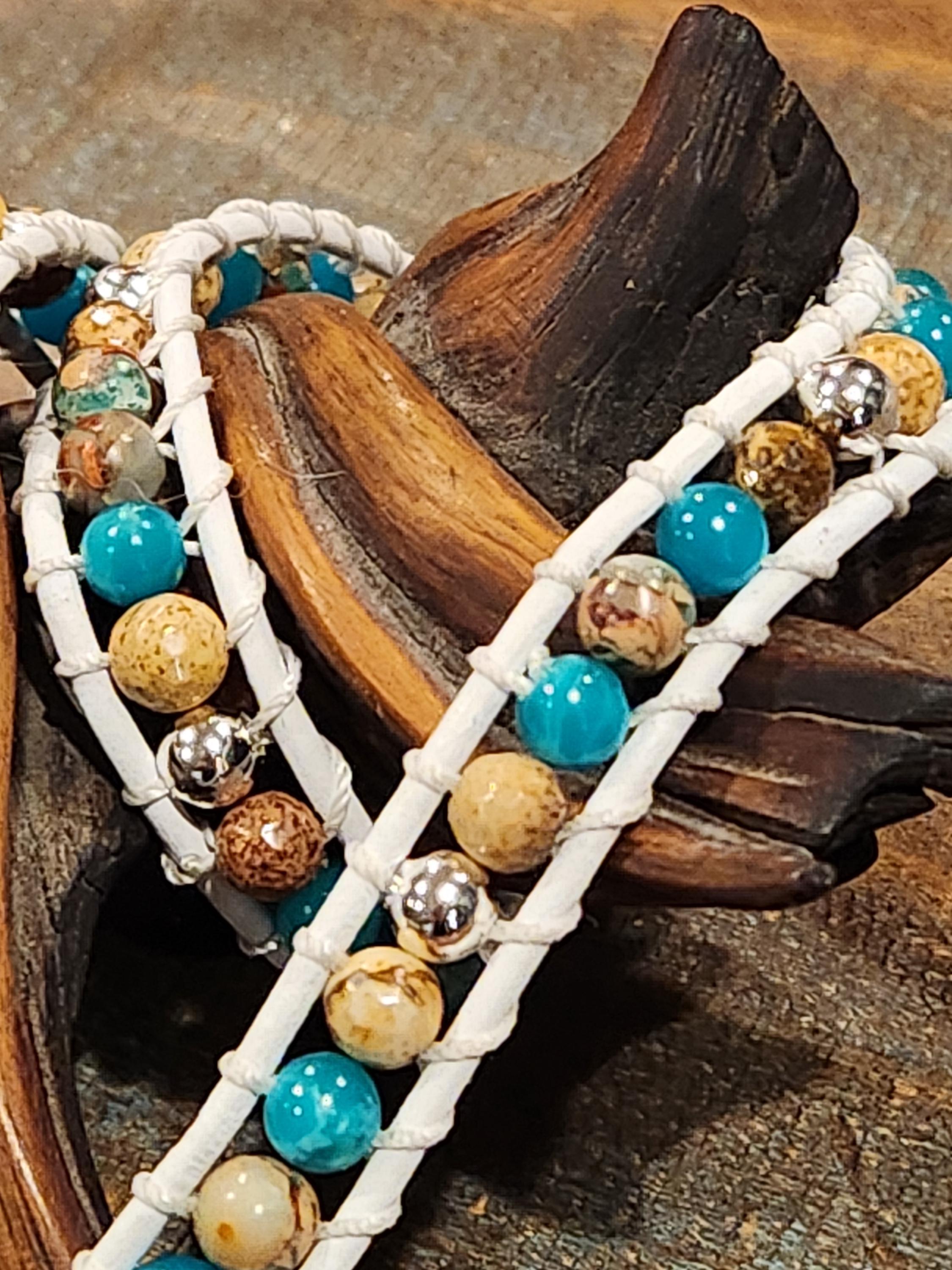 Handmade Double-wrap Beaded Leather Bracelet, Gemstone Beads - Thumbnail 2