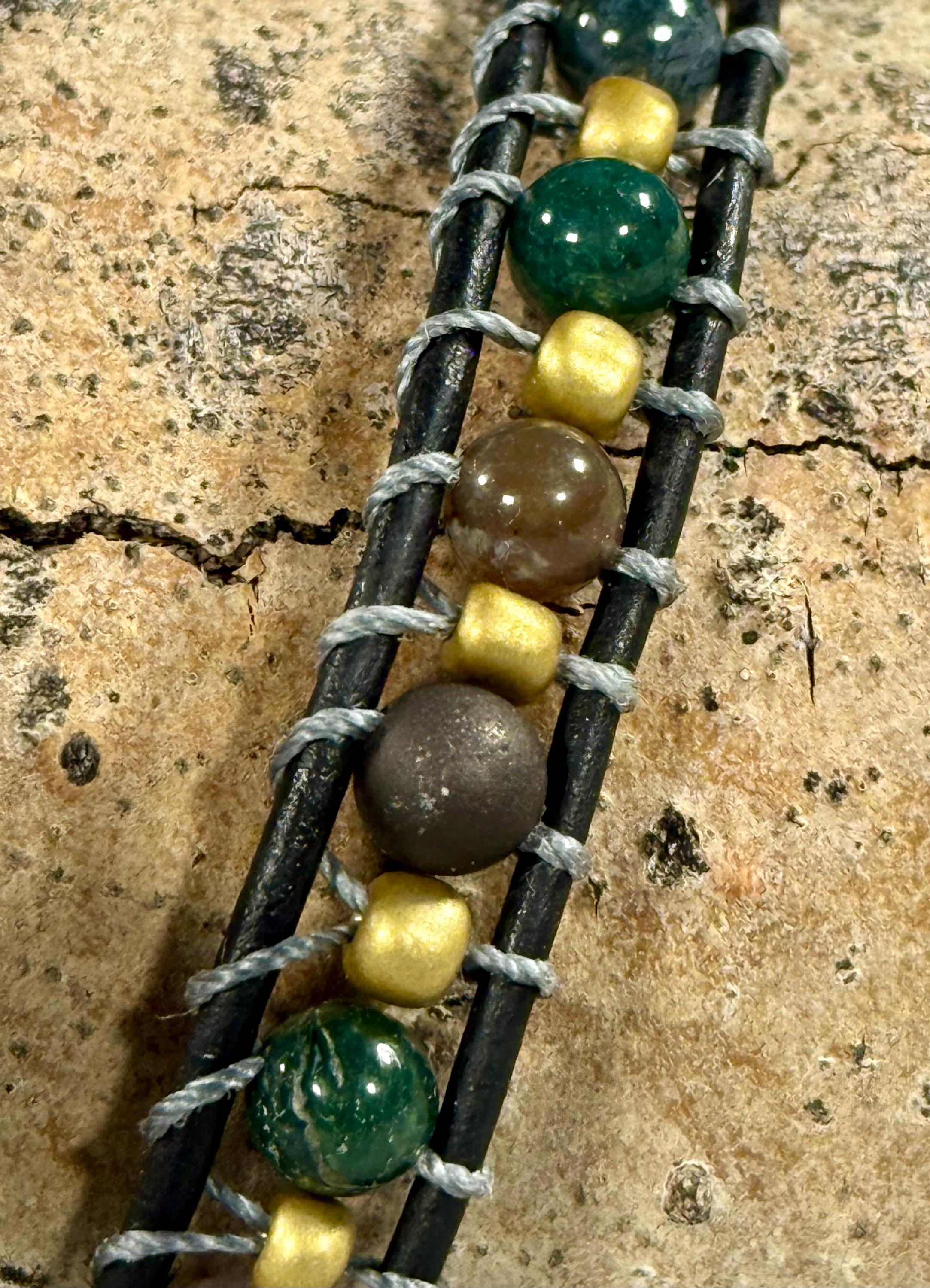 Handmade Double-wrap Beaded Leather Bracelet, Gemstone Beads - Thumbnail 2
