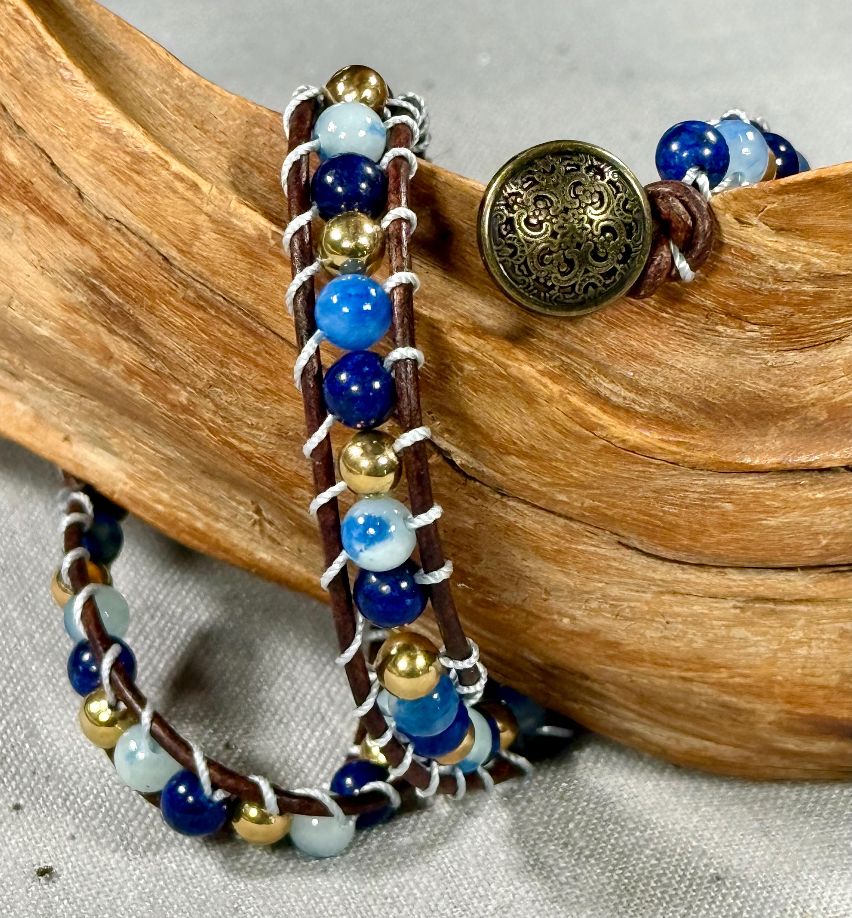 Handmade Double-wrap Beaded Leather Bracelet, Gemstone Beads