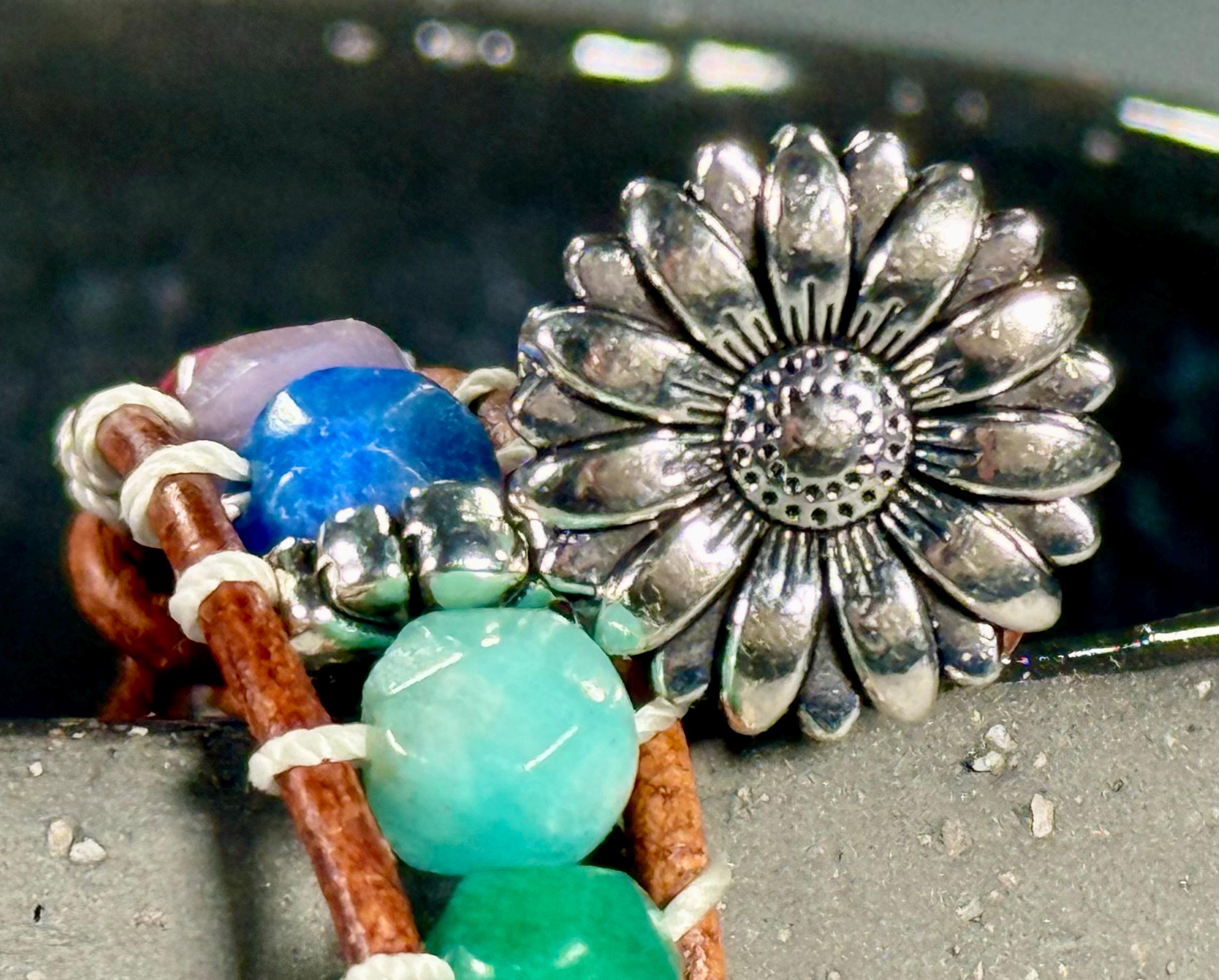Handmade Double-wrap Beaded Leather Bracelet, Gemstone Beads, Flower Beads - Thumbnail 2