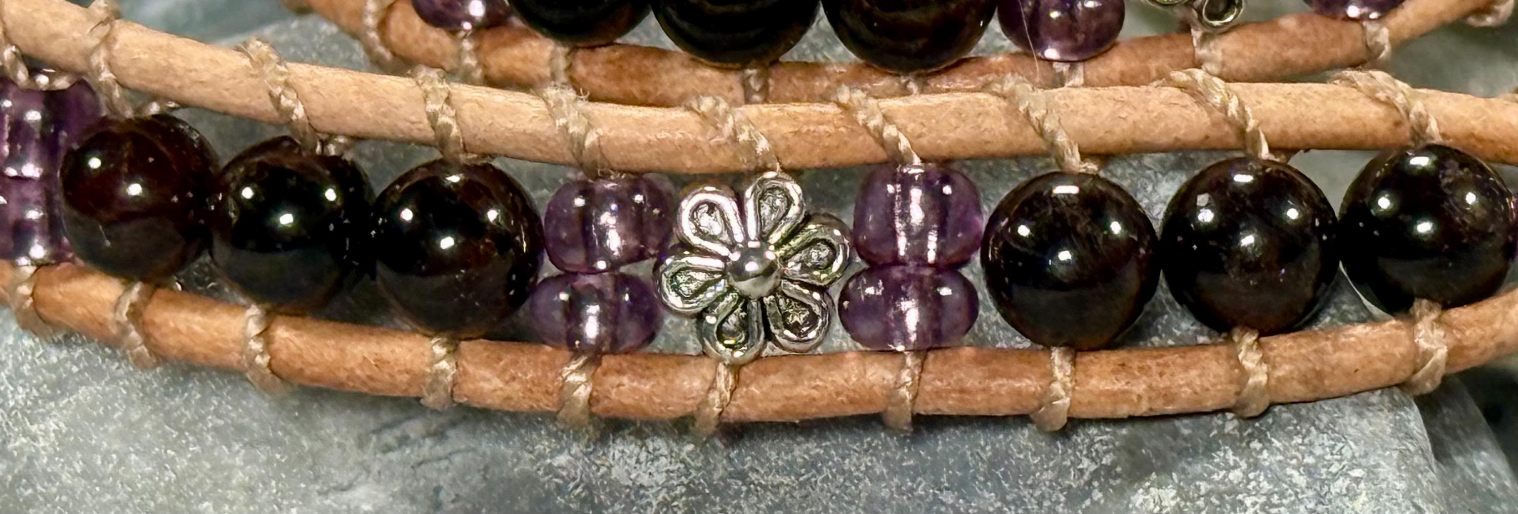 Handmade Double-wrap Beaded Leather Bracelet, Gemstone Beads, Flower Beads - Thumbnail 3