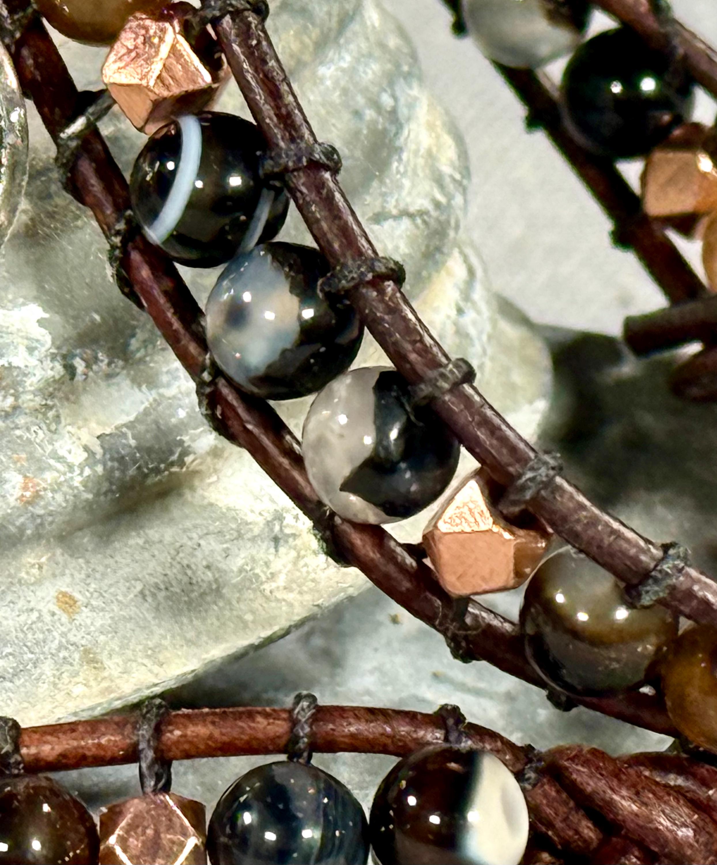 Handmade Double-wrap Beaded Leather Bracelet, Gemstone Beads - Thumbnail 2
