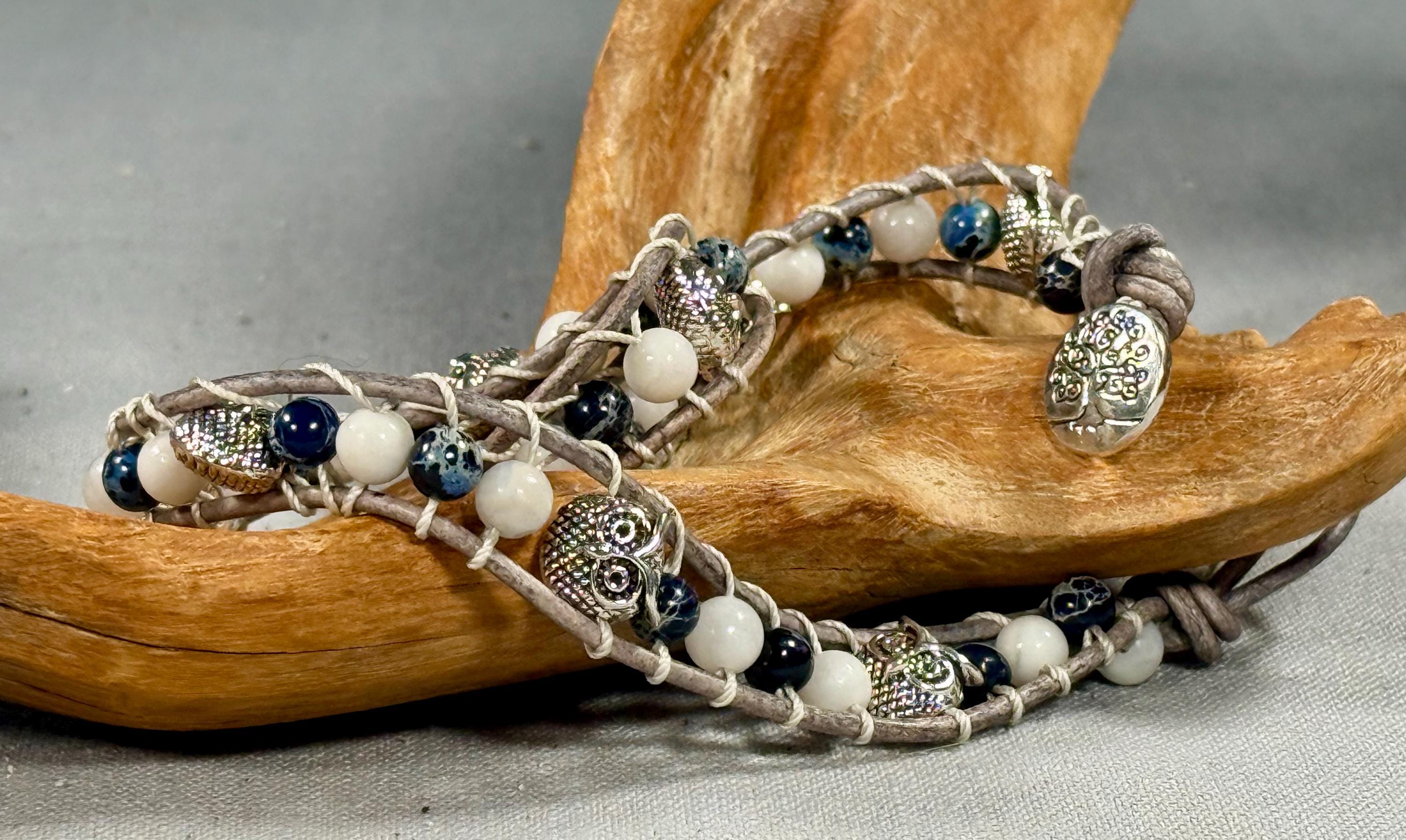 Handmade Double-wrap Beaded Leather Bracelet, Gemstone Beads, Owl Bracelet