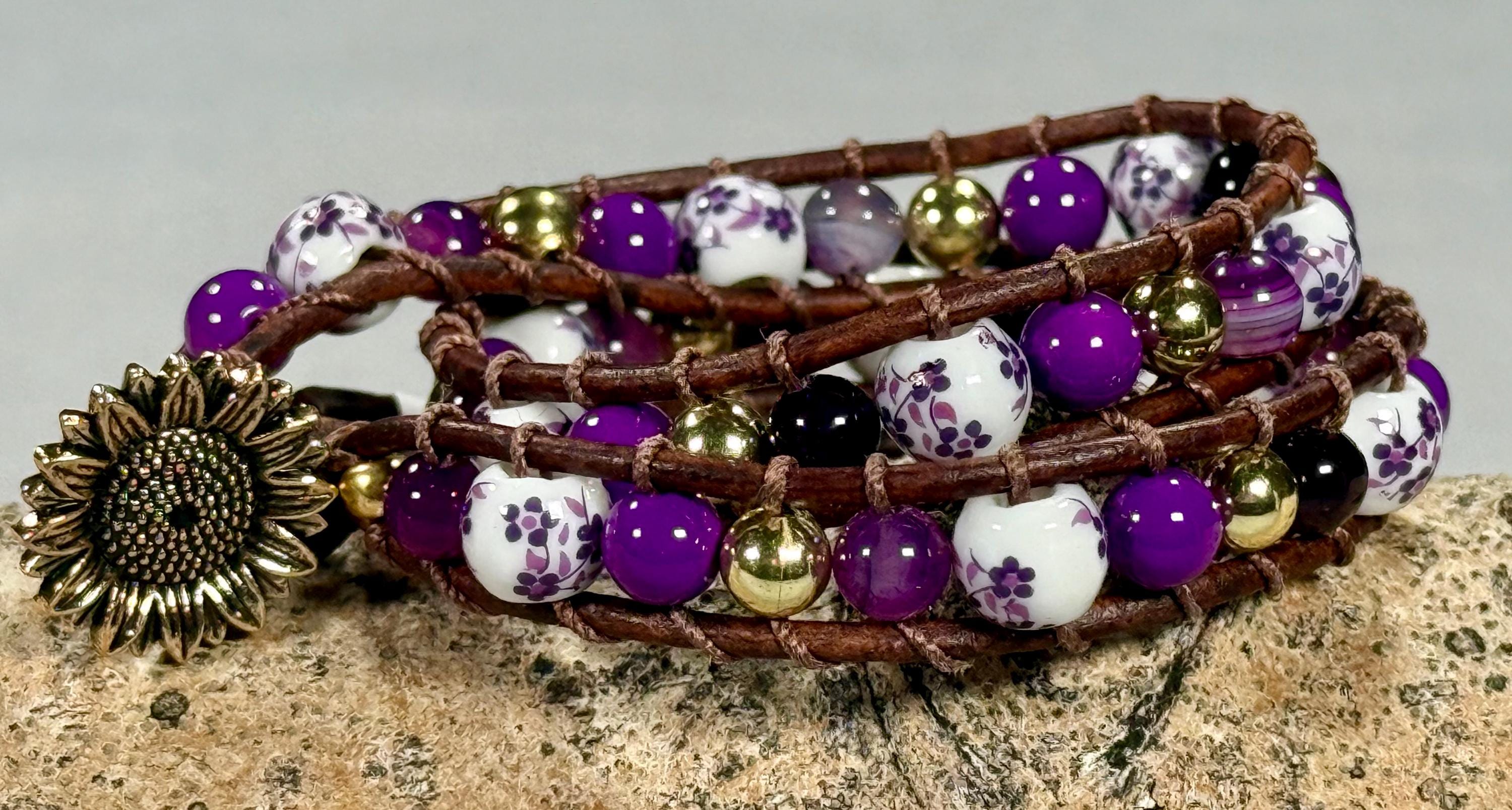 Handmade Double-wrap Beaded Leather Bracelet, Gemstone Beads