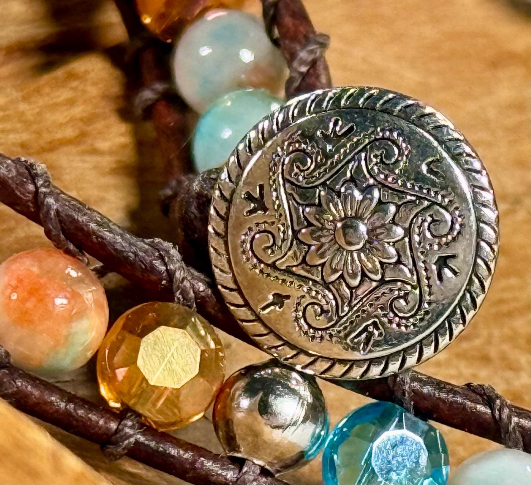 Handmade Double-wrap Beaded Leather Bracelet, Gemstone Beads - Thumbnail 2