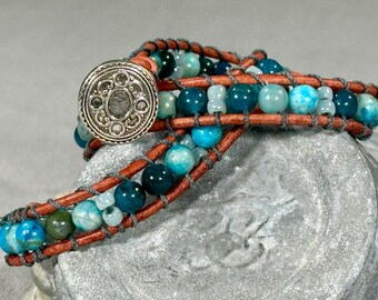 Handmade Double-wrap Beaded Leather Bracelet, Gemstone Beads