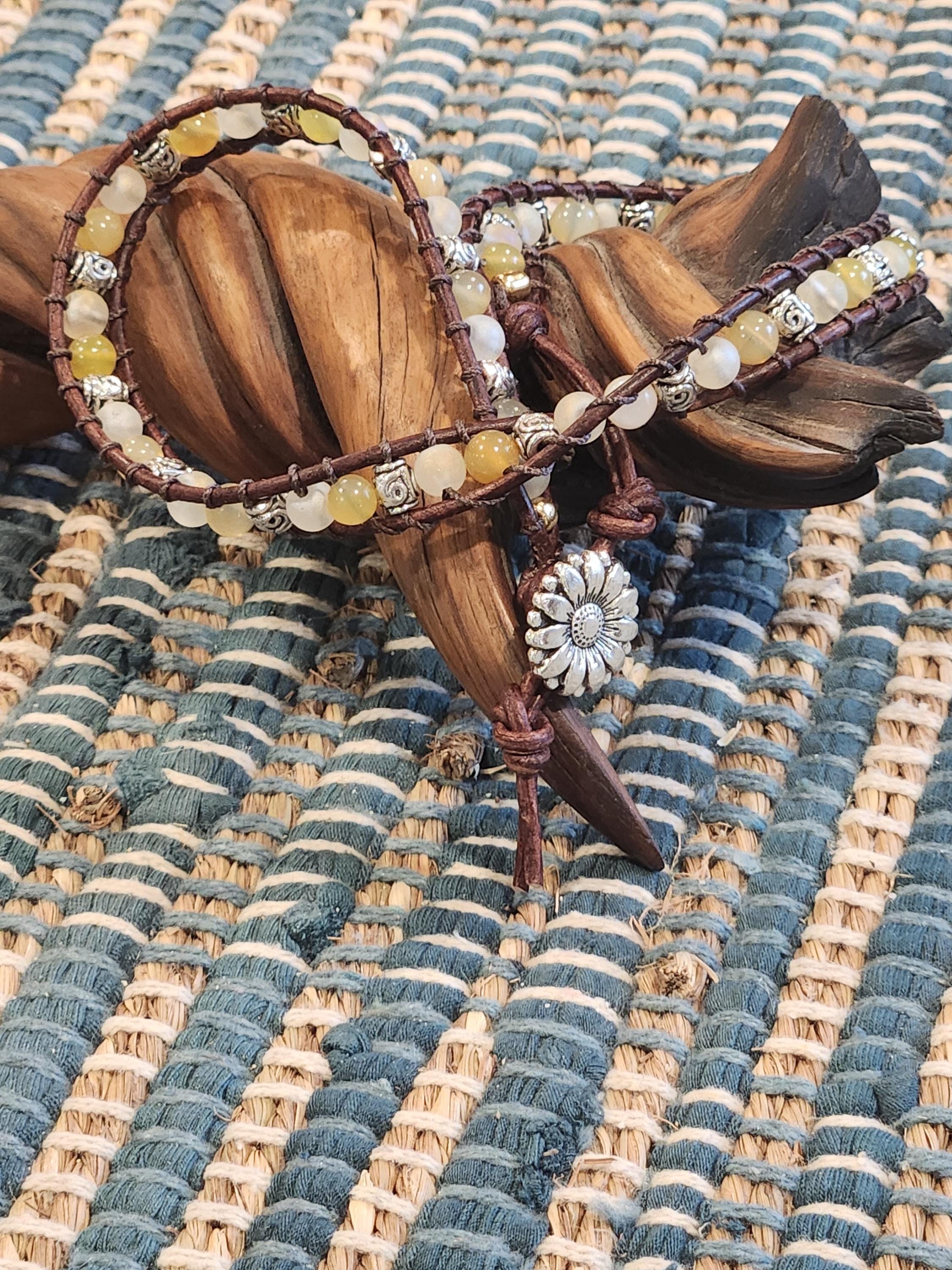 Handmade Double-wrap Beaded Leather Bracelet, Gemstone Beads - Image 1