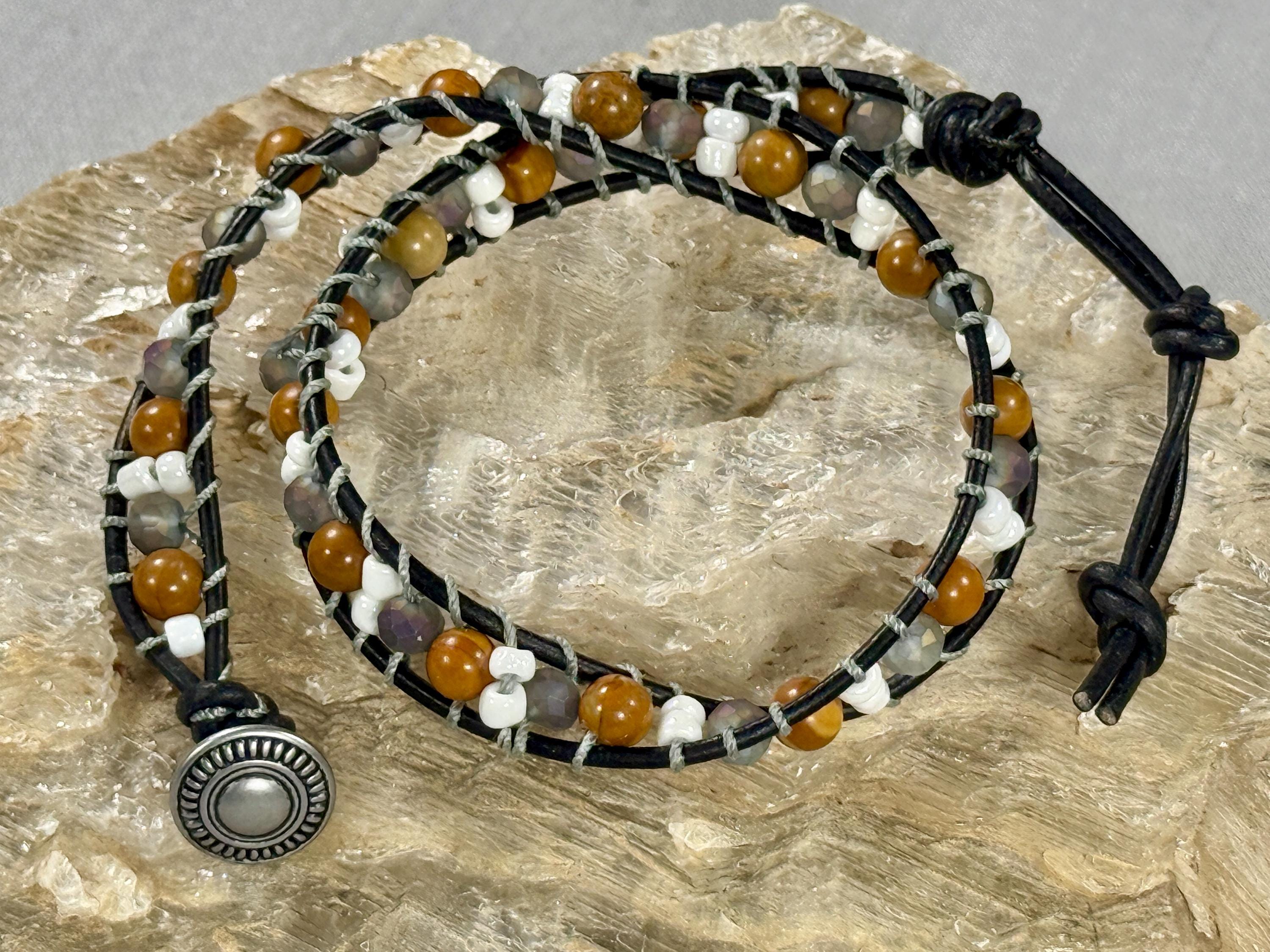 Handmade Double-wrap Beaded Leather Bracelet, Gemstone Beads - Thumbnail 2