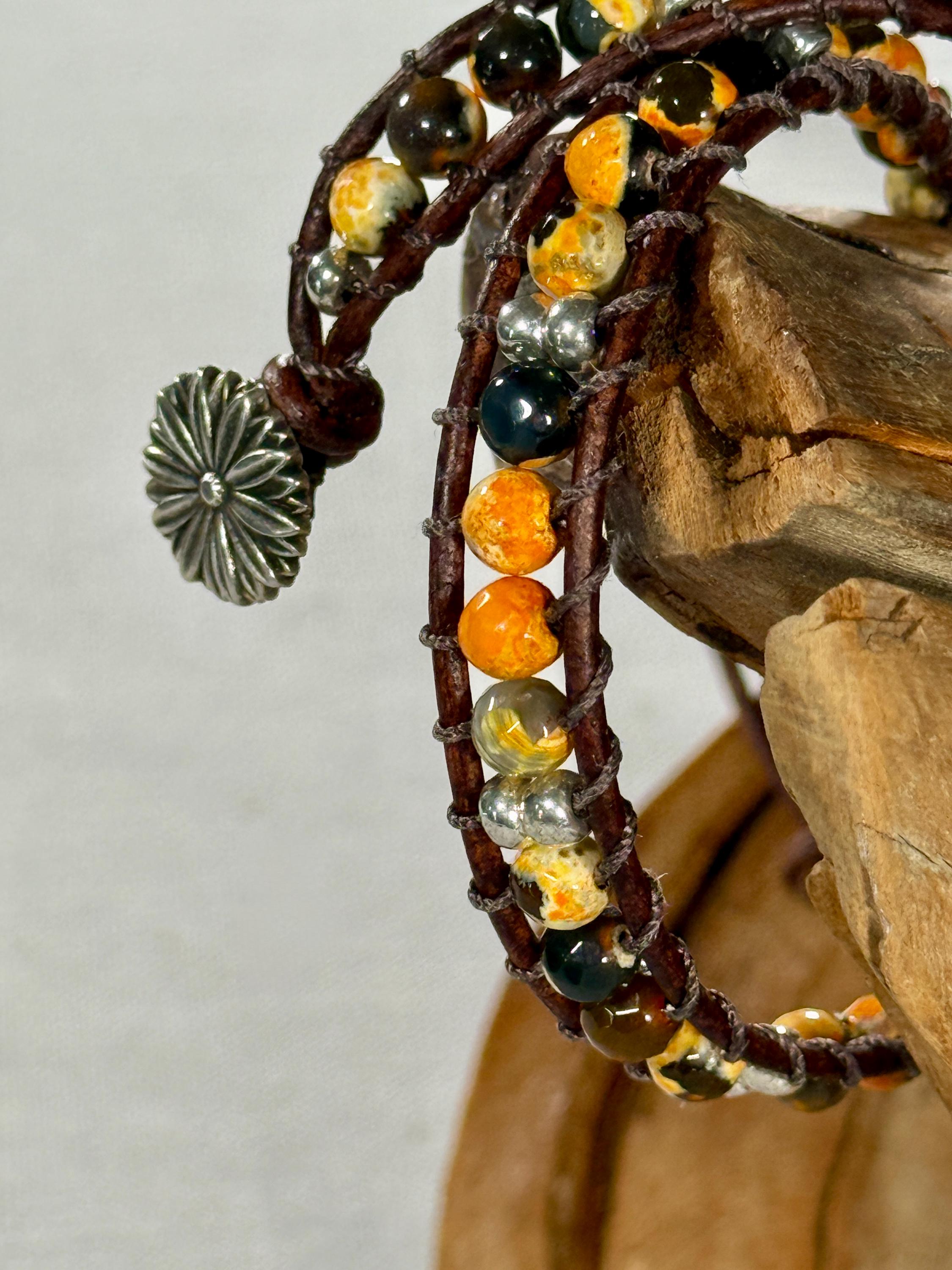Handmade Double-wrap Beaded Leather Bracelet, Gemstone Beads - Thumbnail 3