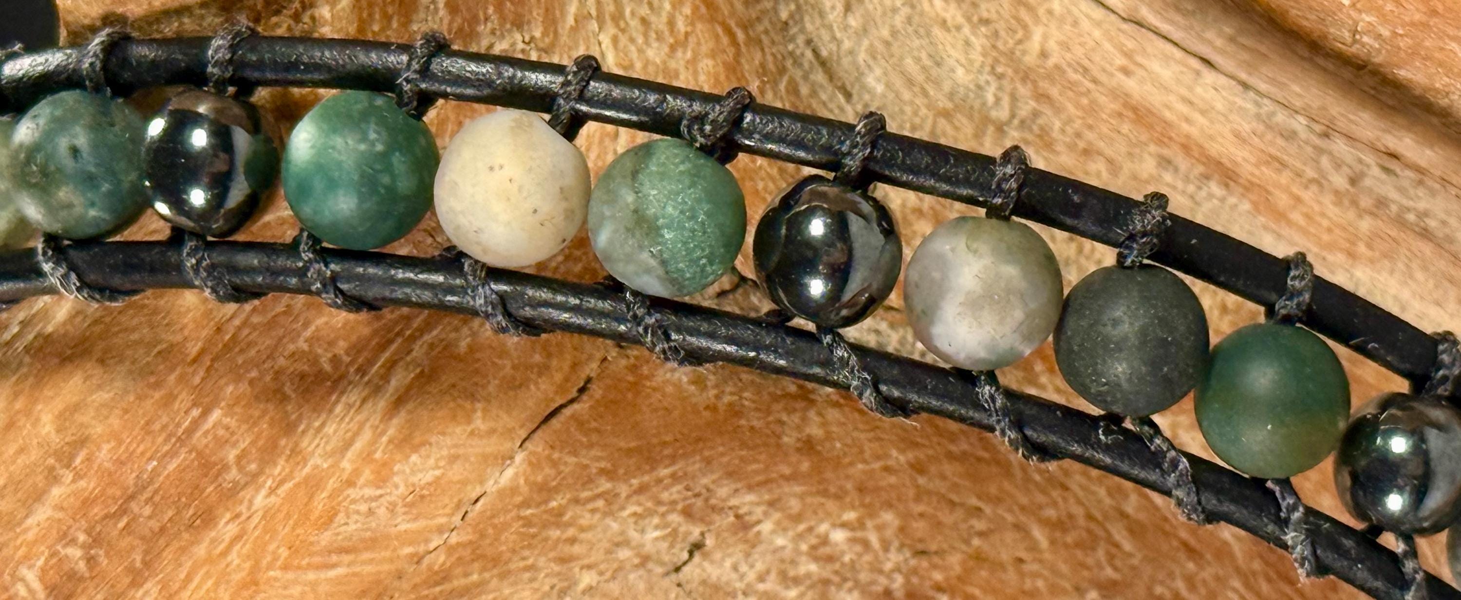 Handmade Double-wrap Beaded Leather Bracelet, Gemstone Beads - Thumbnail 3