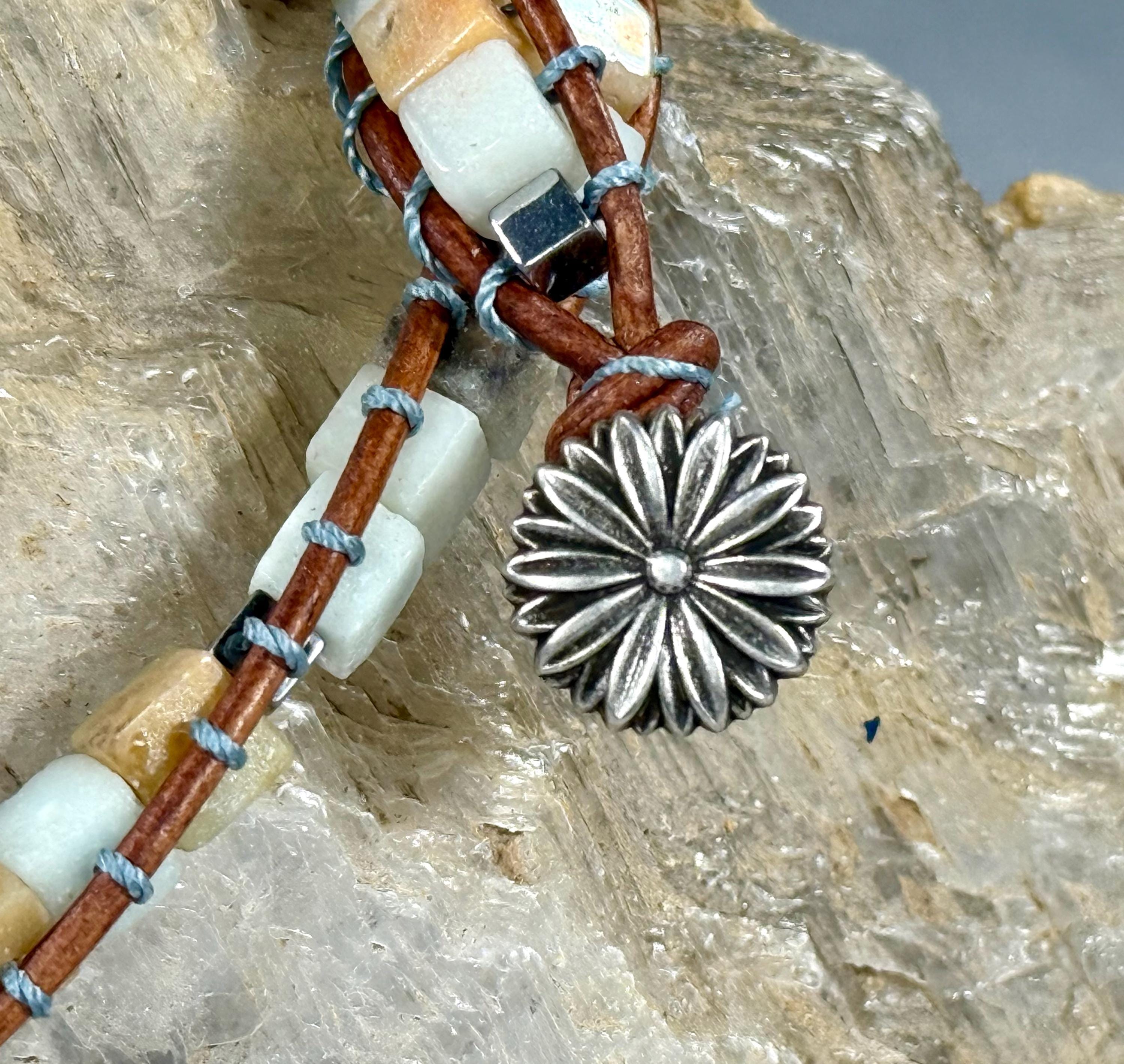Handmade Double-wrap Beaded Leather Bracelet, Gemstone Beads - Thumbnail 3