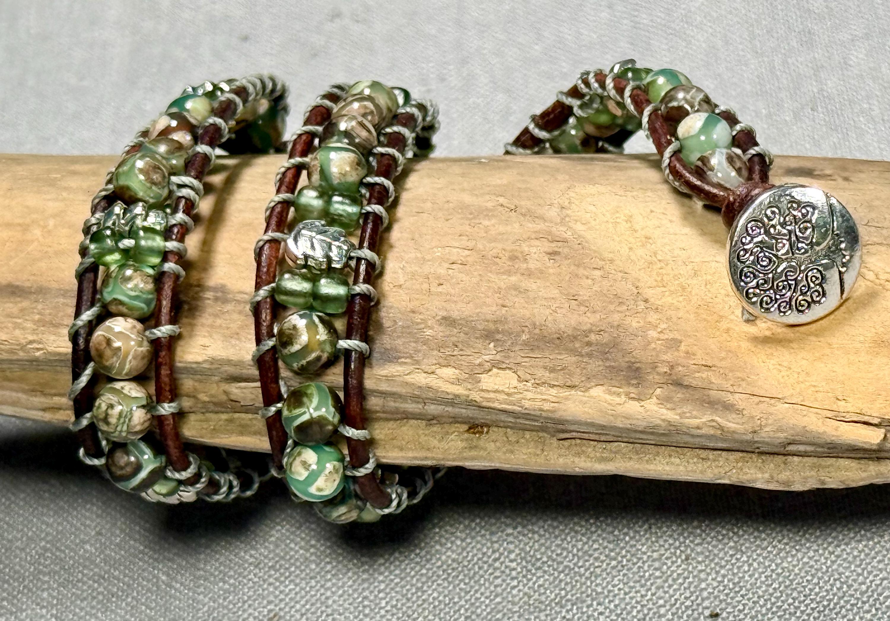 Handmade Double-wrap Beaded Leather Bracelet, Gemstone Beads, Leaf Bracelet