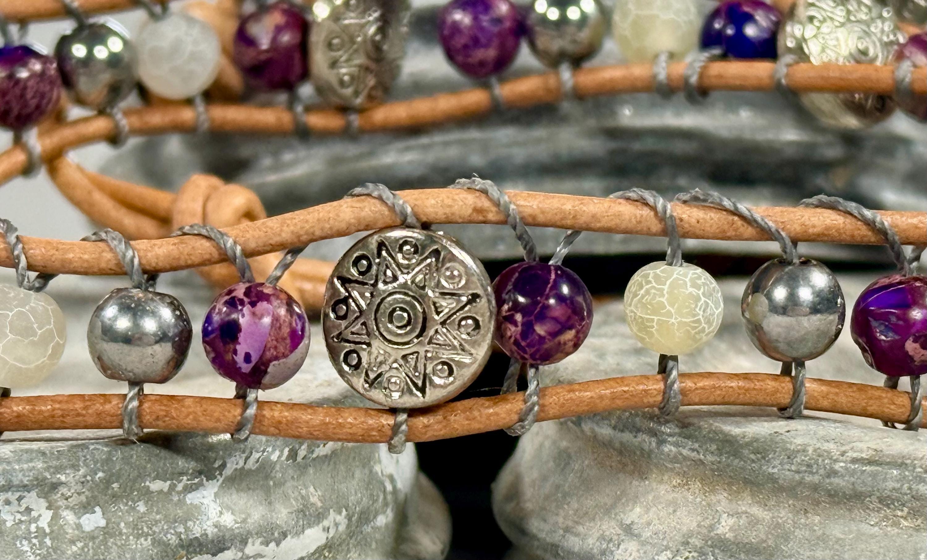 Handmade Double-wrap Beaded Leather Bracelet, Gemstone Beads - Thumbnail 2