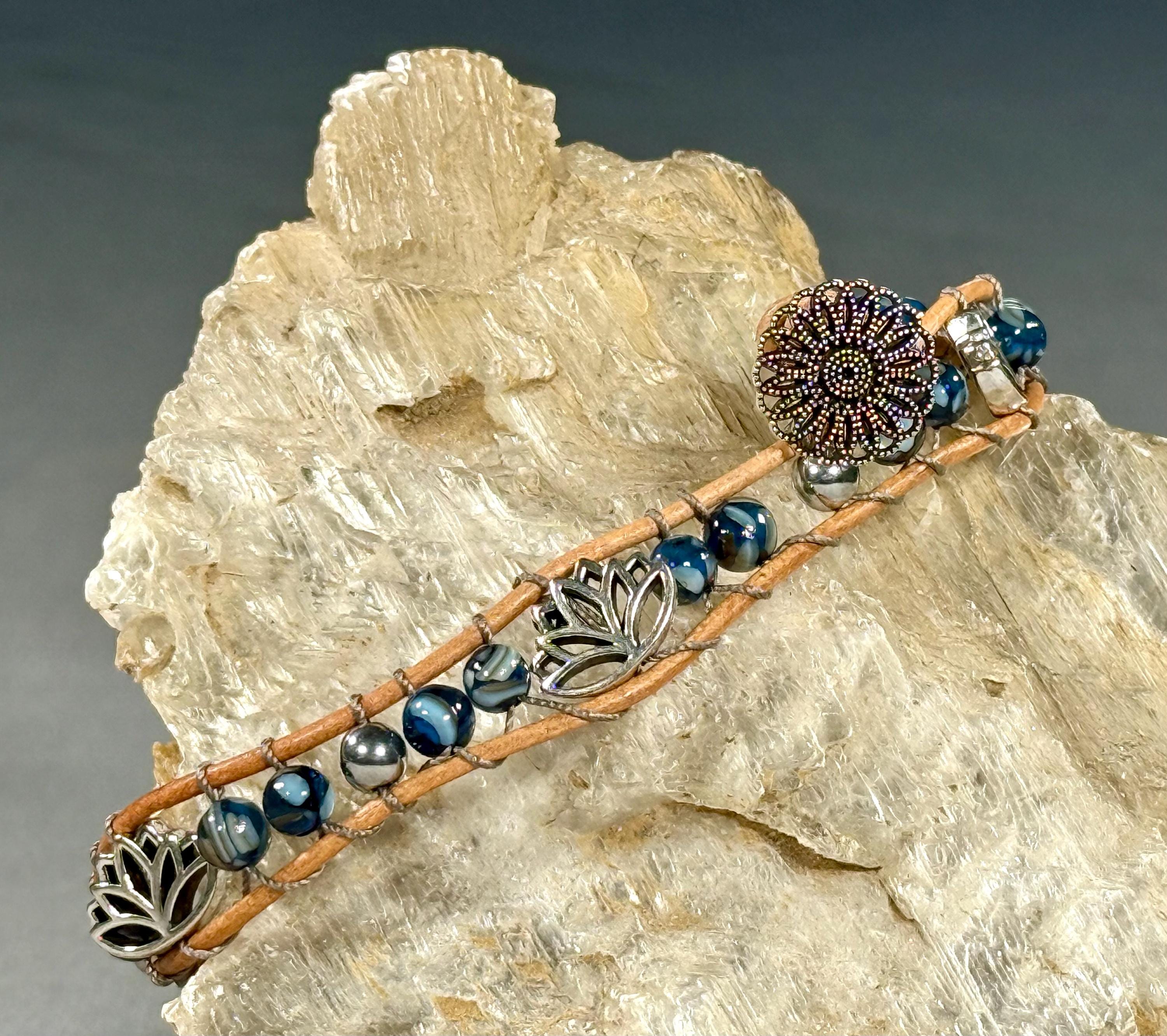 Handmade Double-wrap Beaded Leather Bracelet, Gemstone Beads, Lotus Bracelet