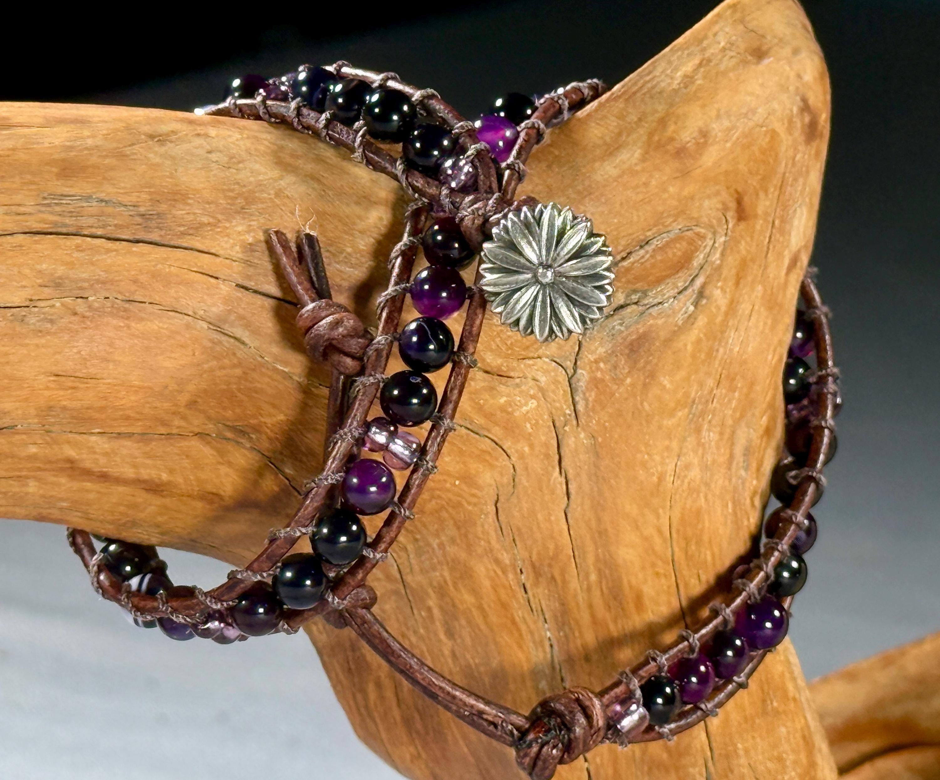 Handmade Double-wrap Beaded Leather Bracelet, Gemstone Beads - Image 1