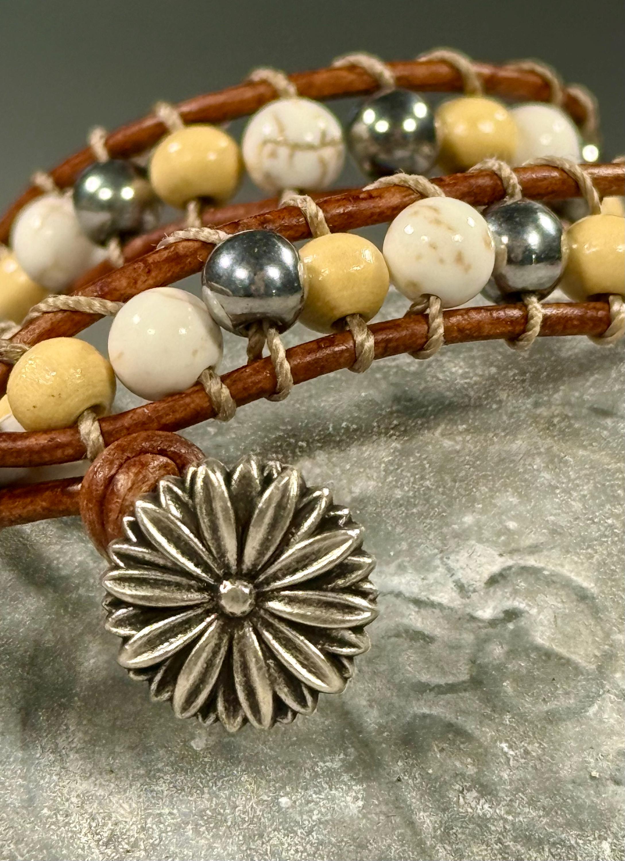 Handmade Double-wrap Beaded Leather Bracelet, Gemstone Beads, Wood Beads - Thumbnail 3