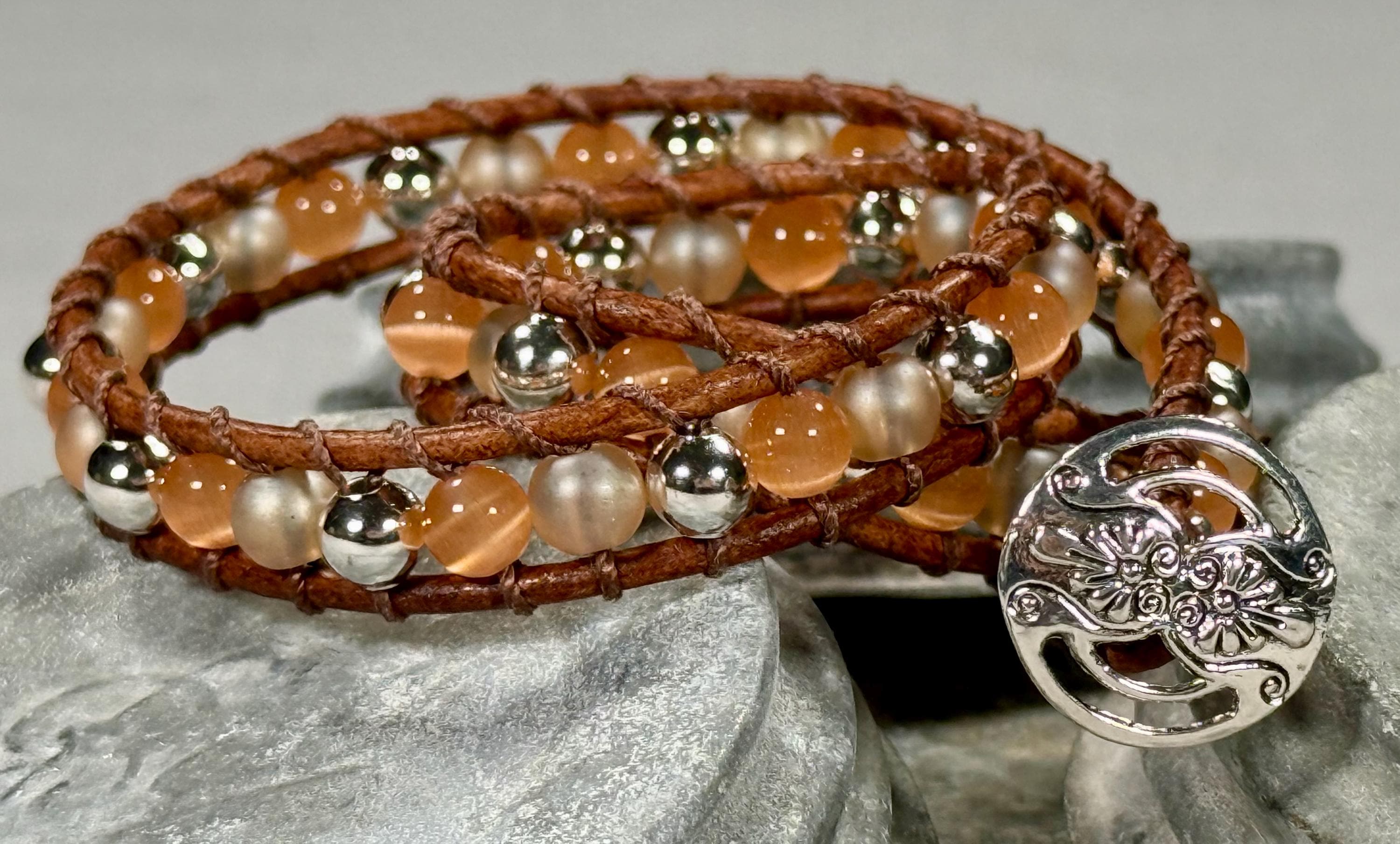 Handmade Double-wrap Beaded Leather Bracelet, Gemstone Beads