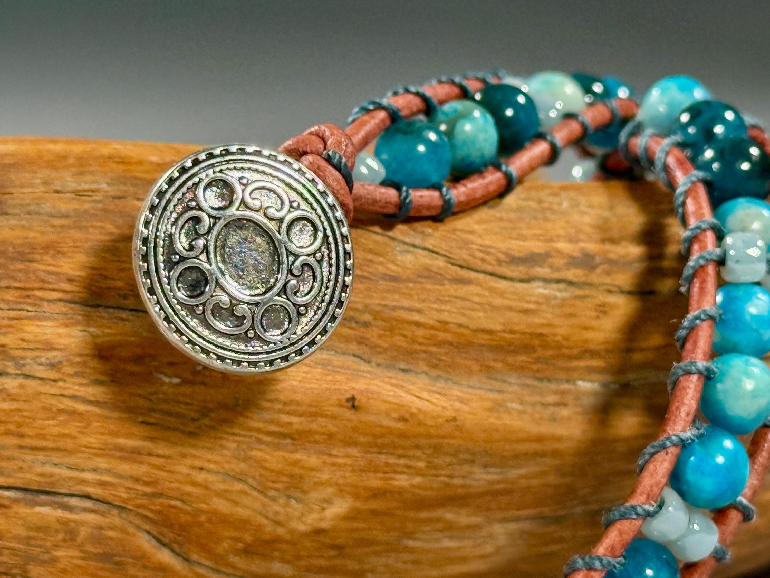 Handmade Double-wrap Beaded Leather Bracelet, Gemstone Beads - Thumbnail 3