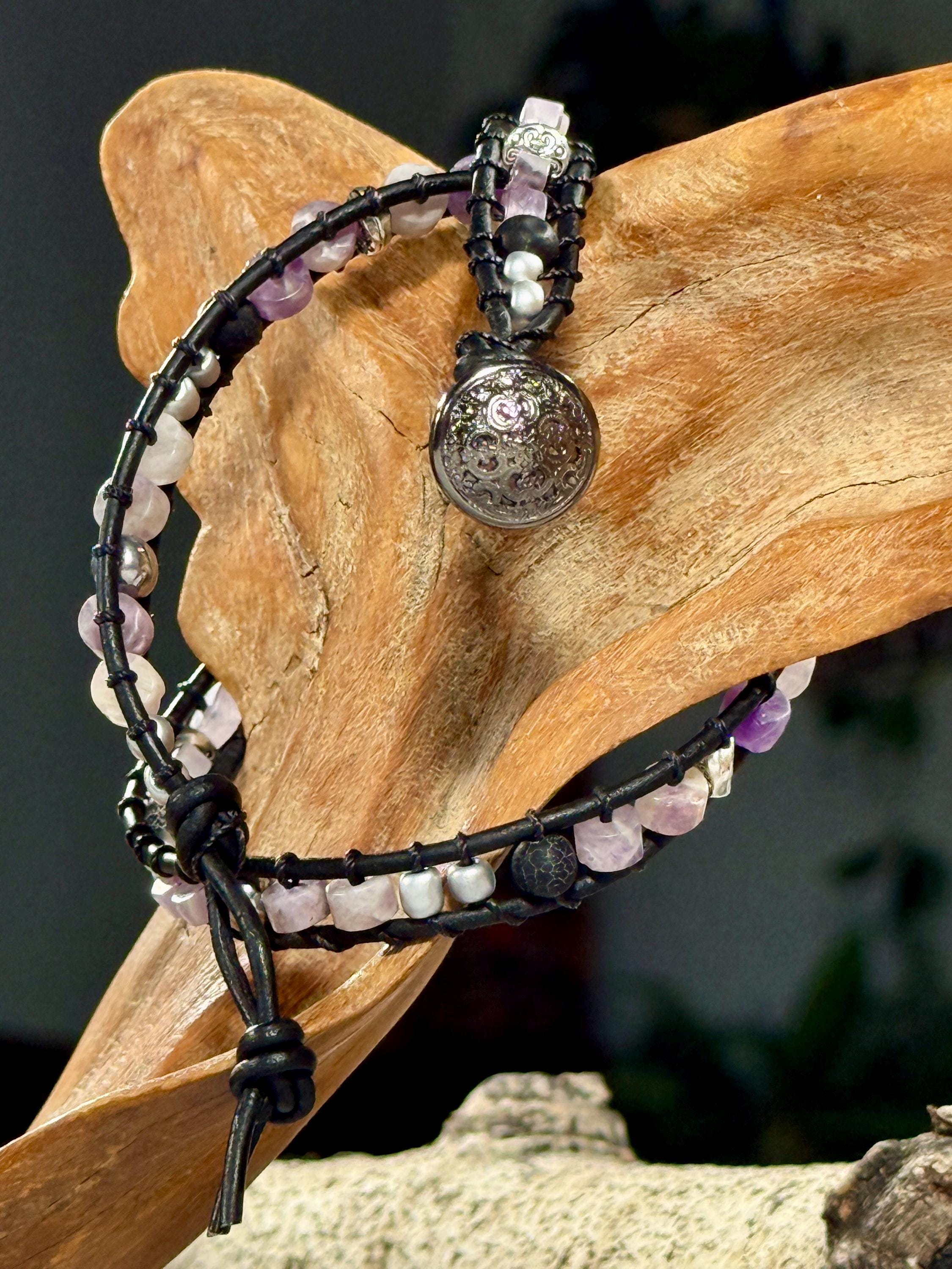 Handmade Double-wrap Beaded Leather Bracelet, Amethyst Gemstone Beads - Thumbnail 2