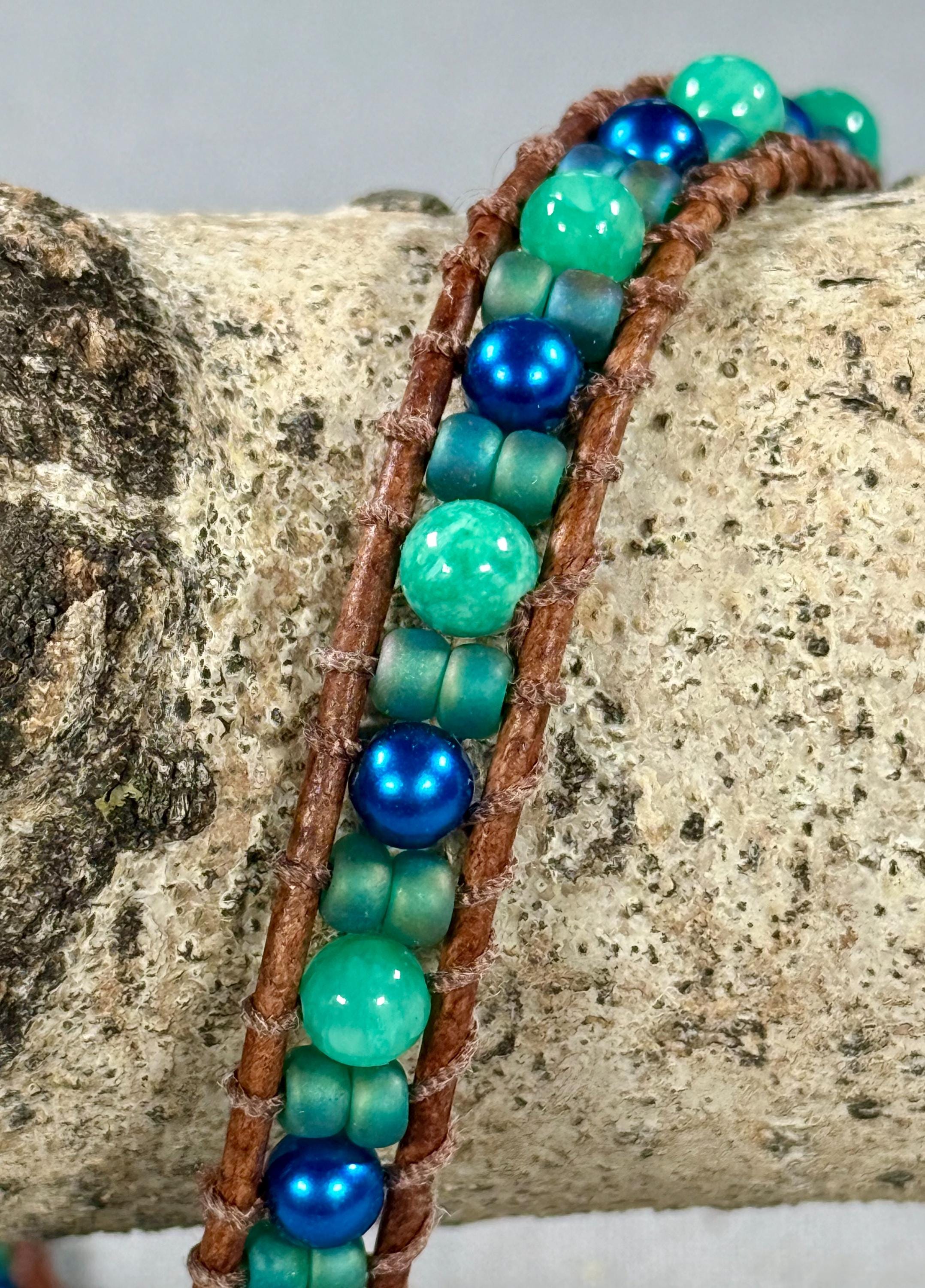 Handmade Double-wrap Beaded Leather Bracelet, Gemstone Beads - Thumbnail 2