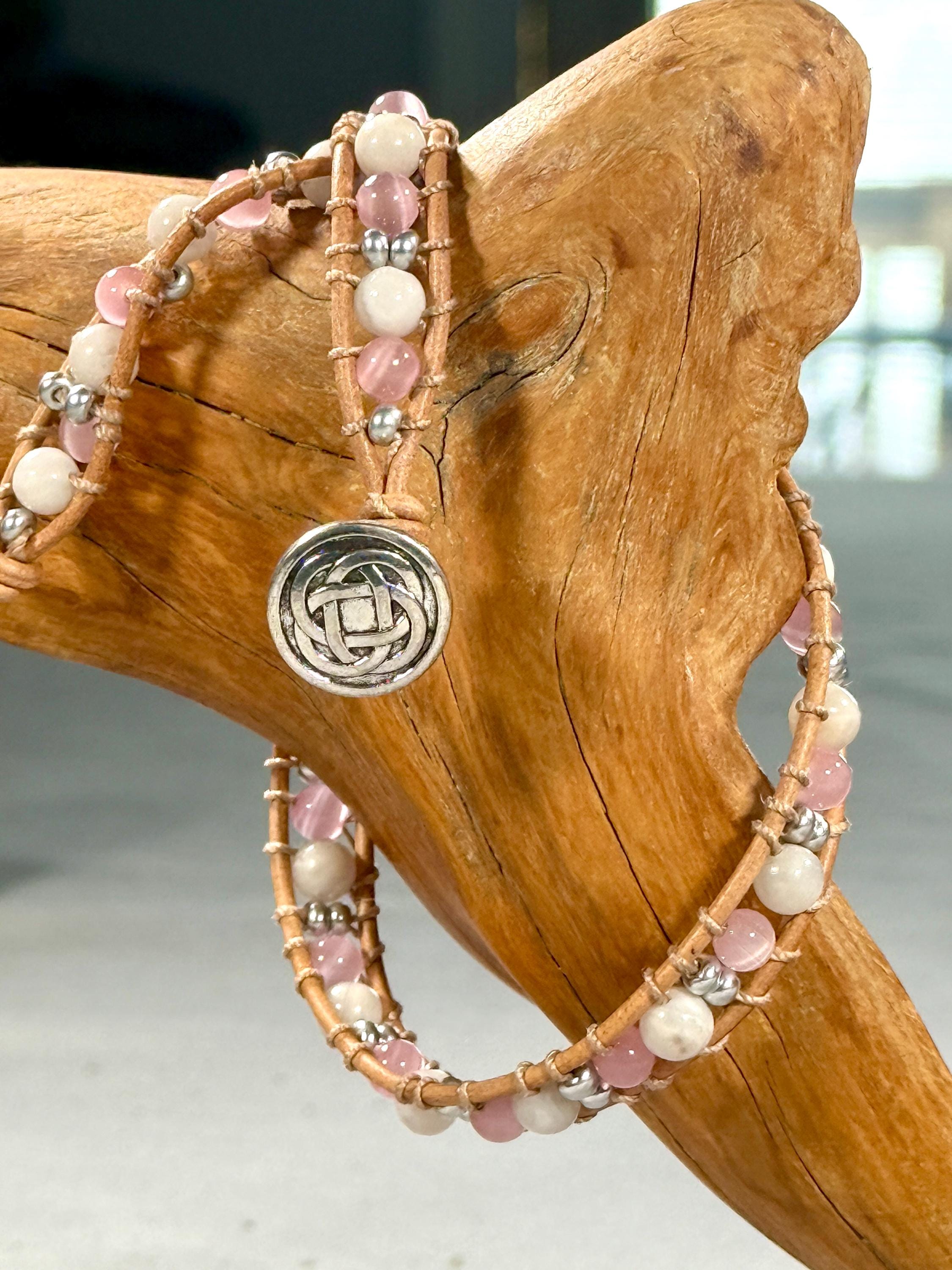 Handmade Double-wrap Beaded Leather Bracelet, Gemstone Beads - Image 1
