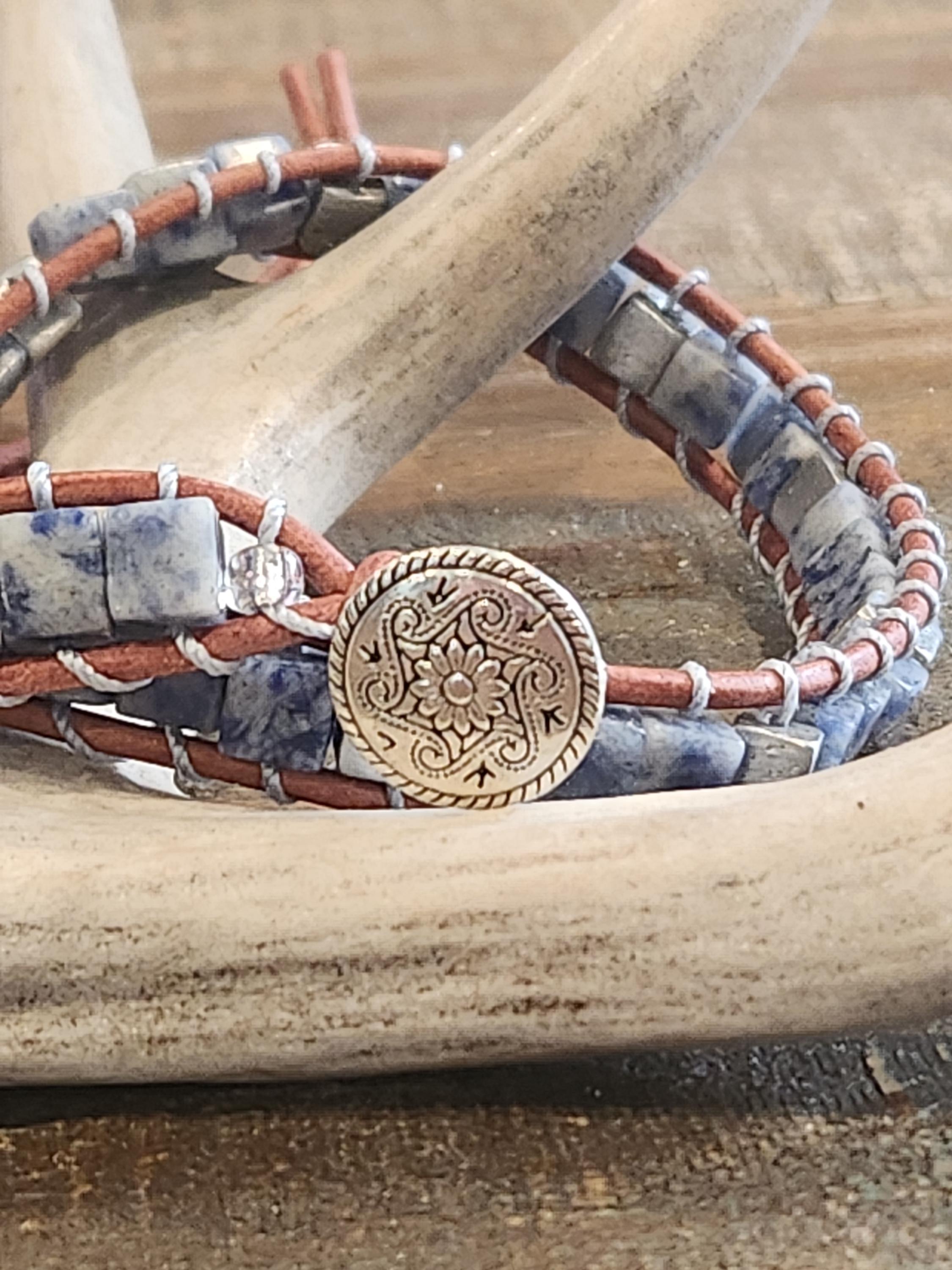Handmade Double-wrap Beaded Leather Bracelet, Gemstone Beads - Thumbnail 5