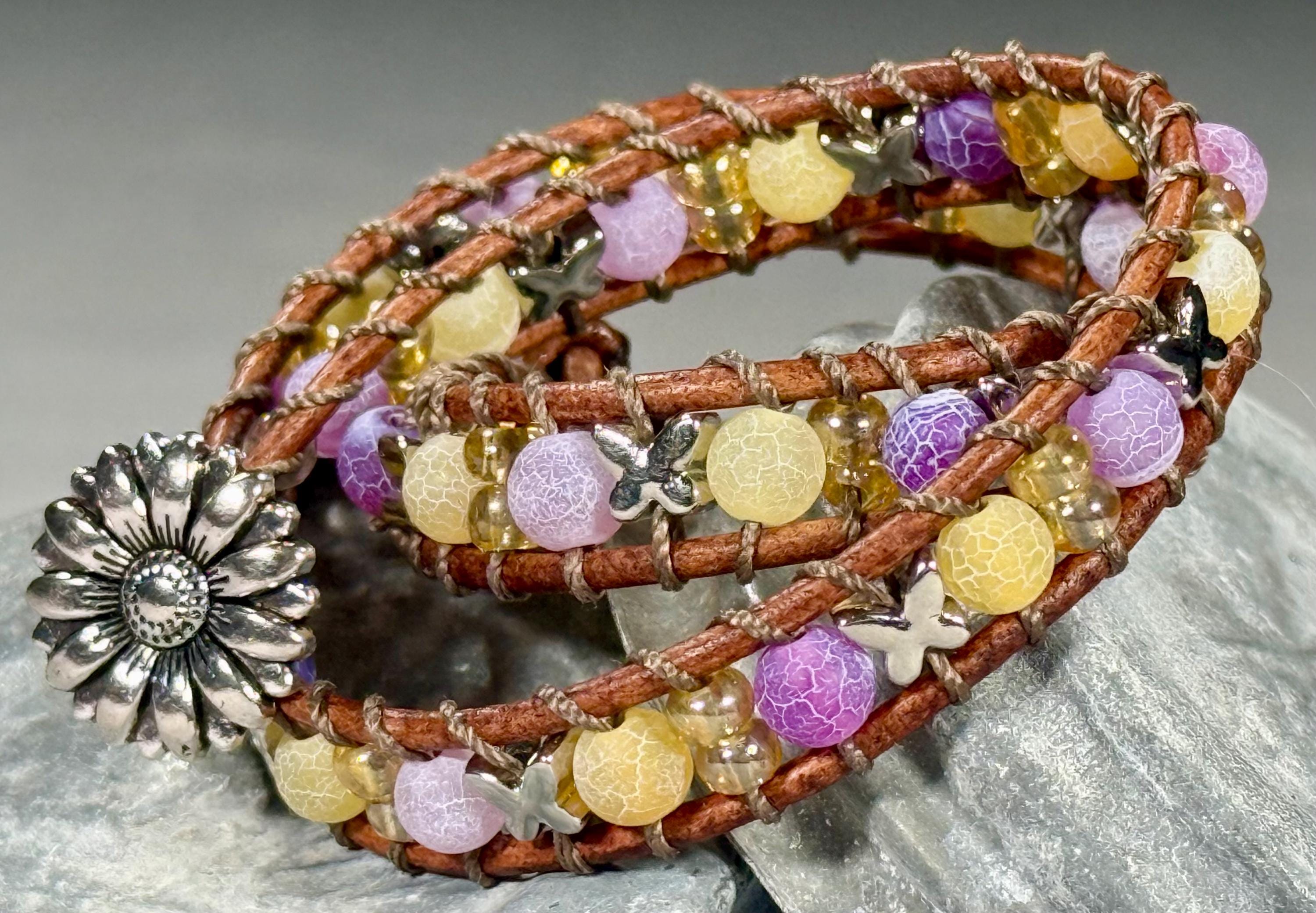 Handmade Double-wrap Beaded Leather Bracelet, Gemstone Beads, Butterfly Beads