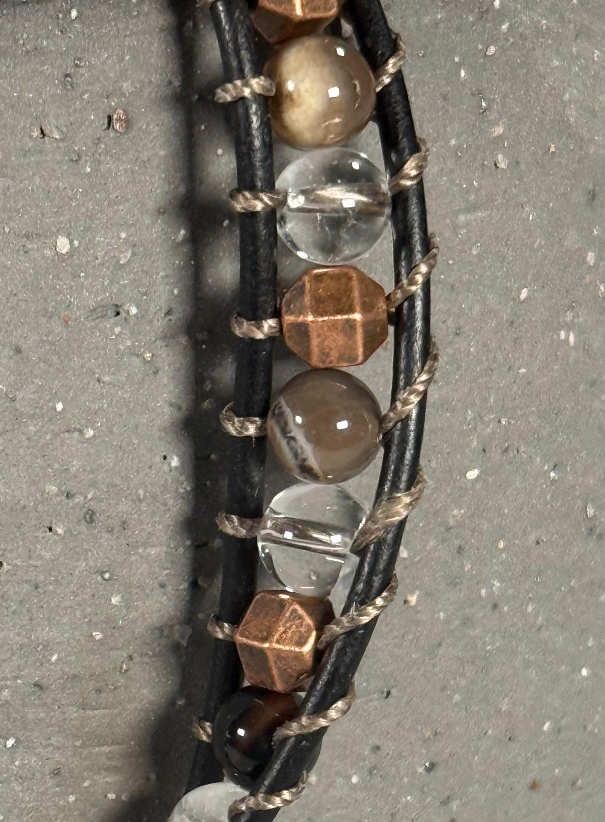 Handmade Double-wrap Beaded Leather Bracelet, Gemstone Beads - Thumbnail 3