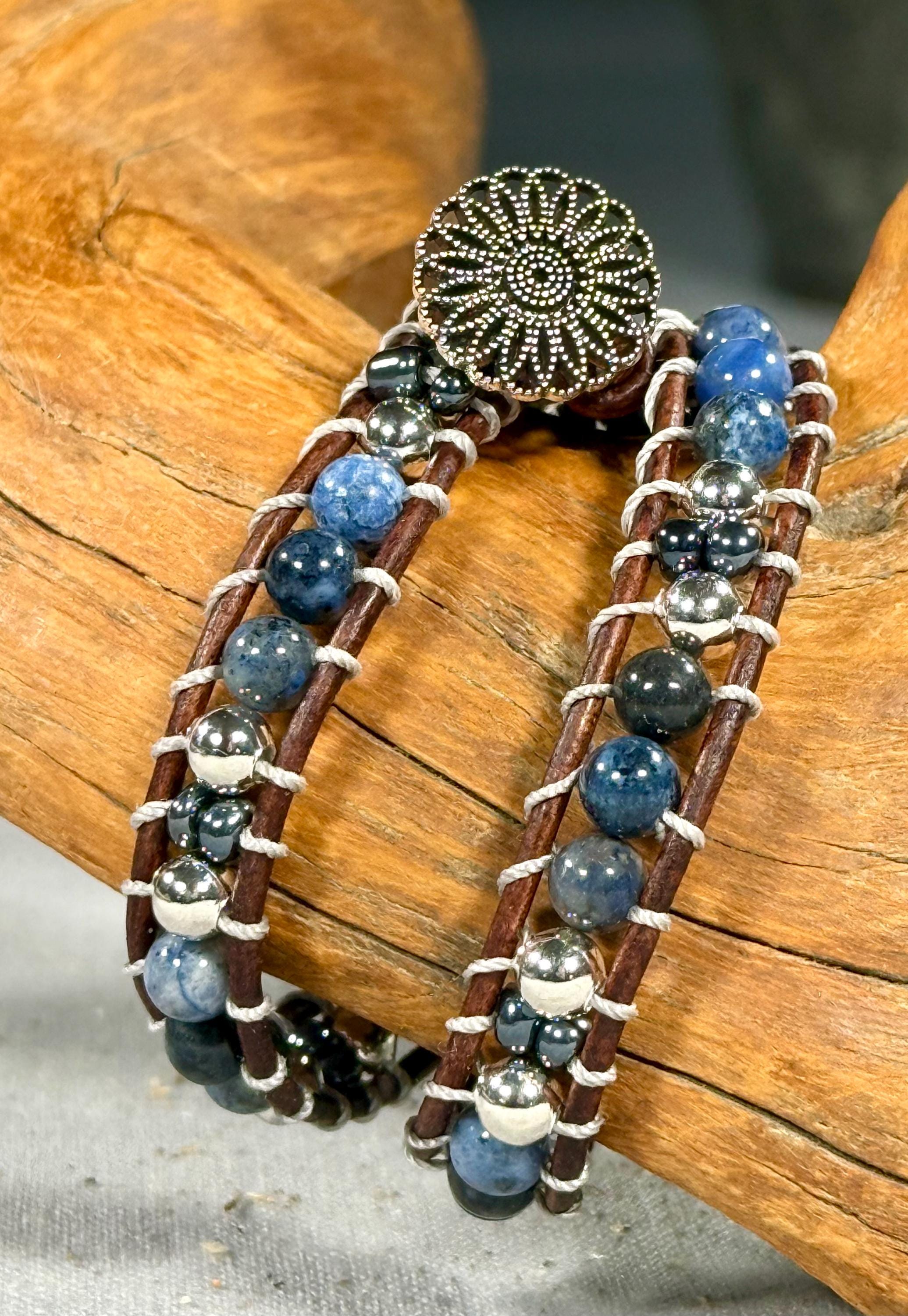 Handmade Double-wrap Beaded Leather Bracelet, Gemstone Beads