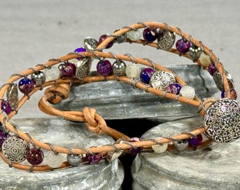 Handmade Double-wrap Beaded Leather Bracelet, Gemstone Beads