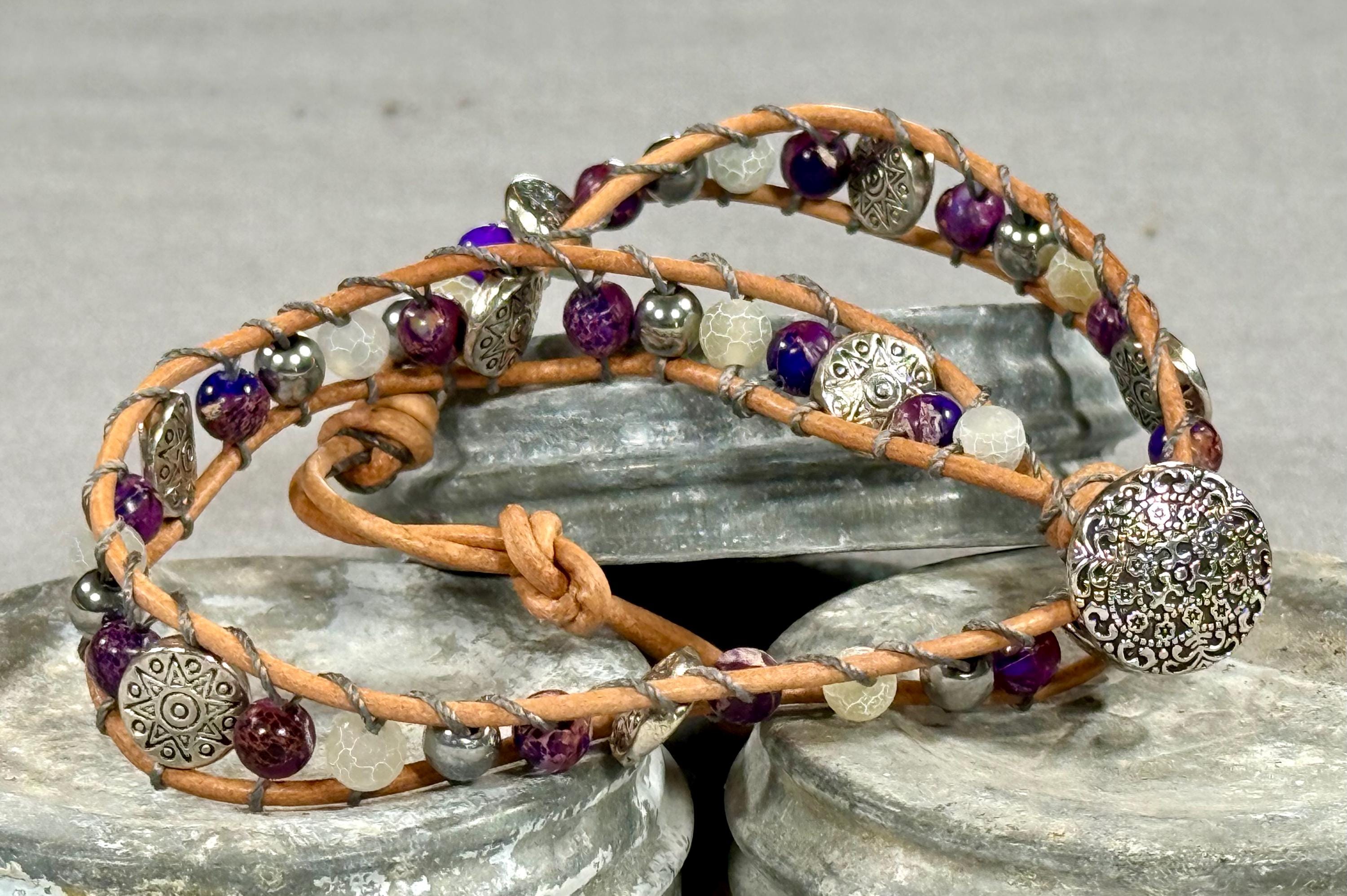 Handmade Double-wrap Beaded Leather Bracelet, Gemstone Beads