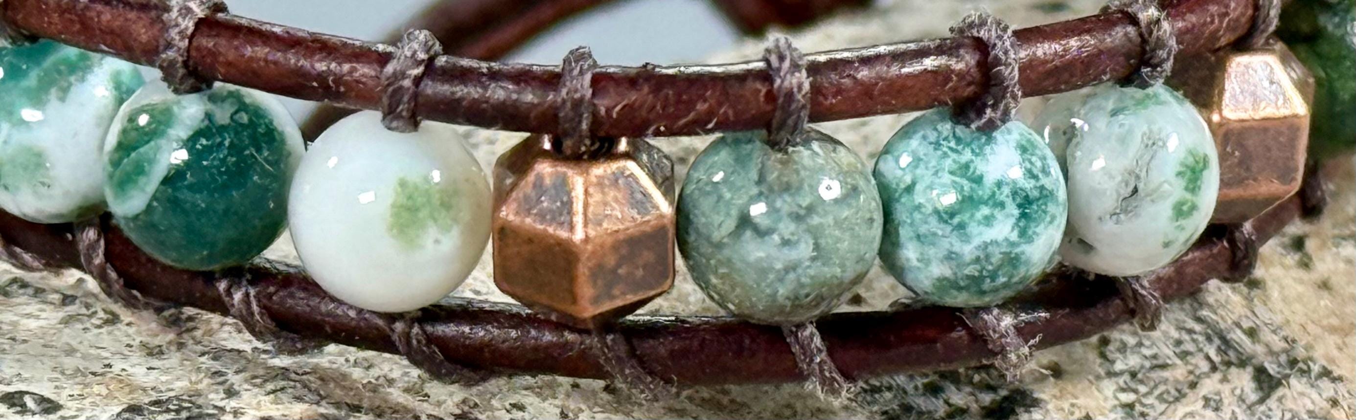 Handmade Double-wrap Beaded Leather Bracelet, Gemstone Beads - Thumbnail 3