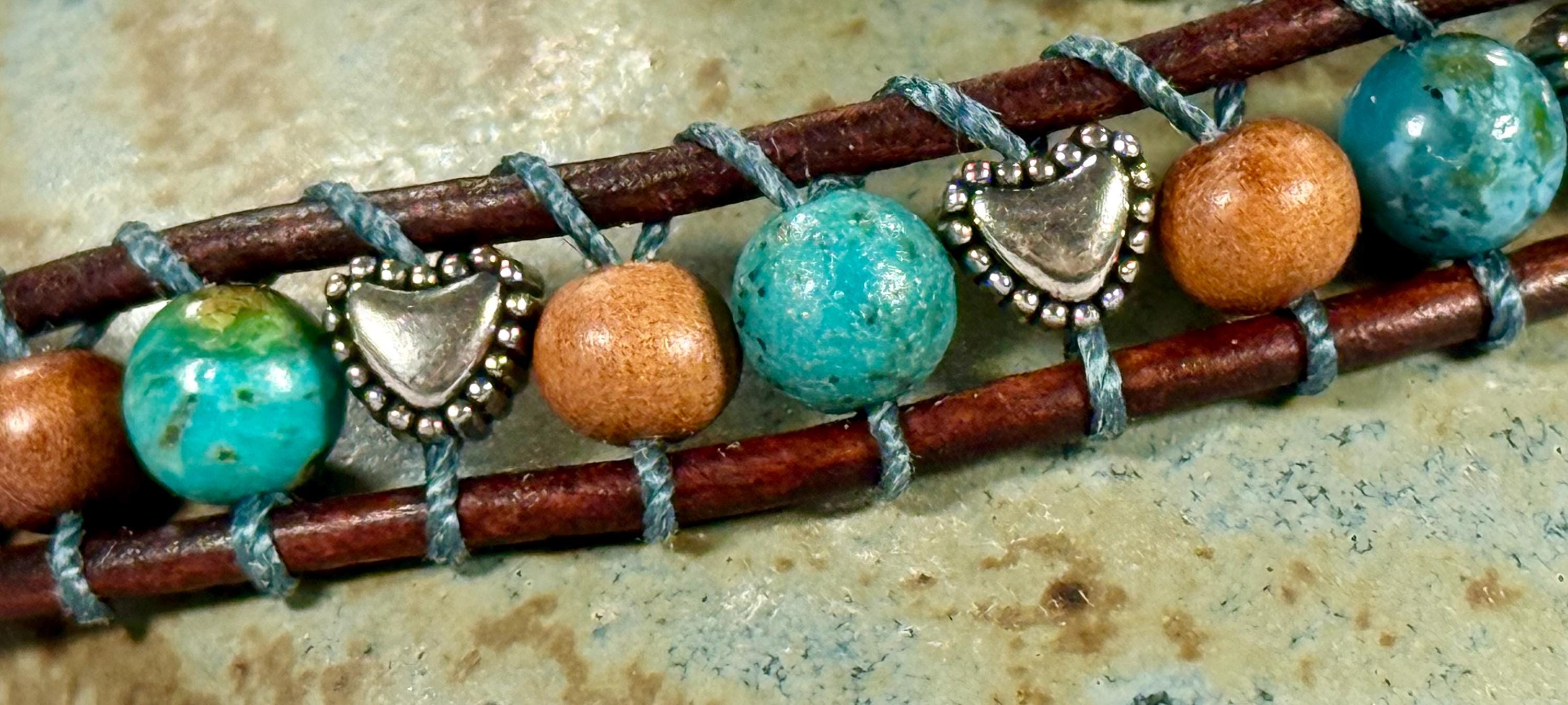 Handmade Double-wrap Beaded Leather Bracelet, Gemstone Beads, Heart Beads - Thumbnail 3
